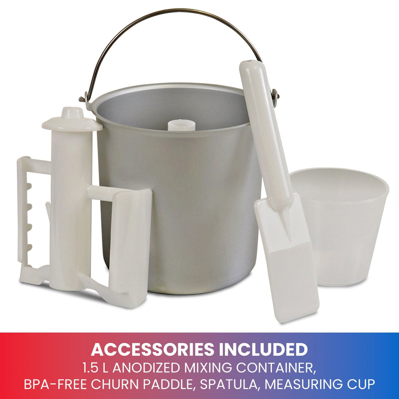 Product shot on white background of ice cream maker parts and accessories. Text below reads, "Accessories included: 1.5L anodized mixing container, BPA-free churn paddle, spatula, measuring cup"