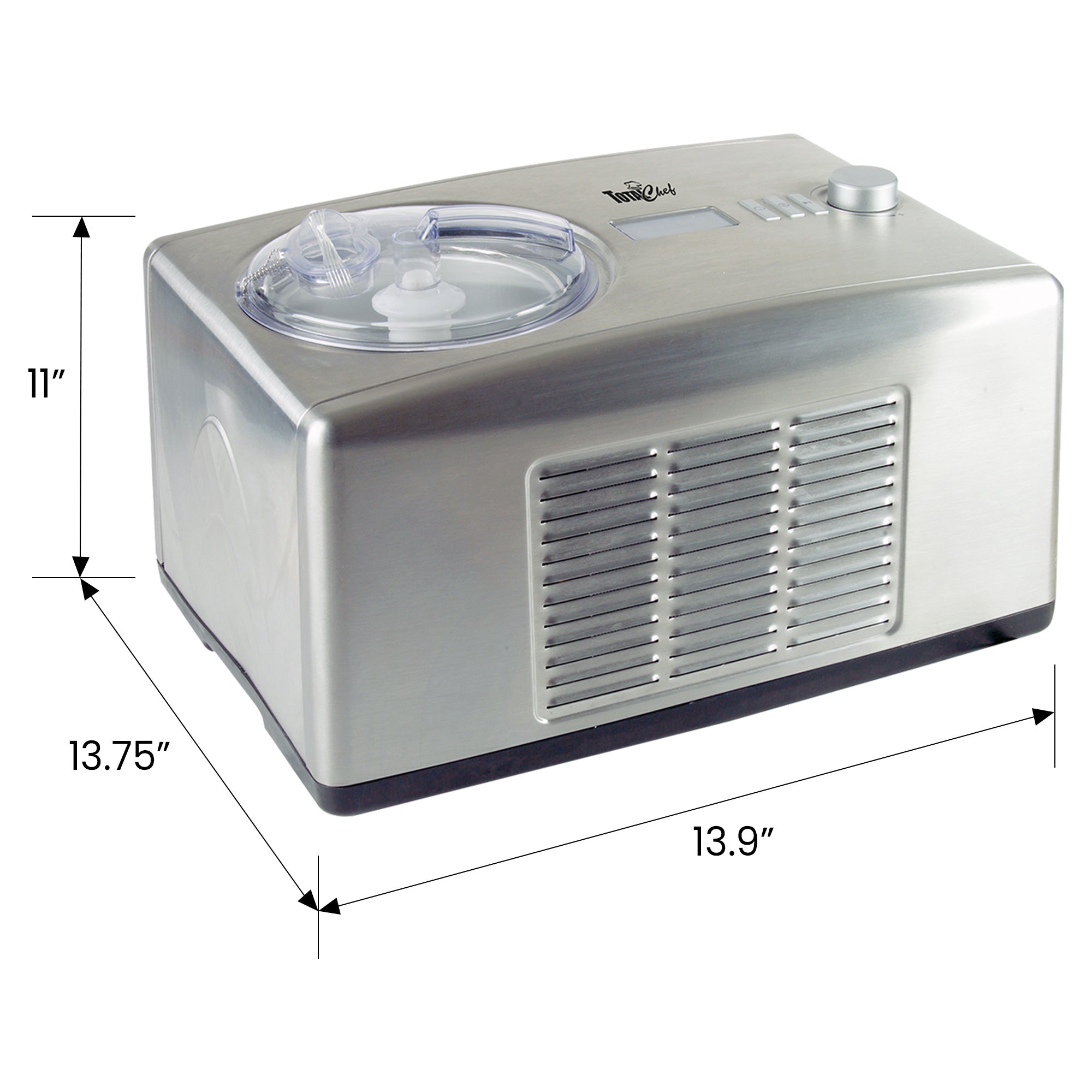 Product shot of automatic ice cream maker on white background with dimensions