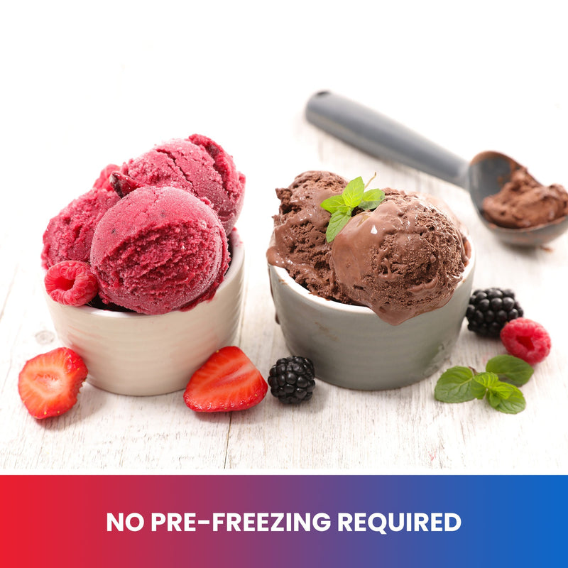 Lifestyle image of two bowls of ice cream, one raspberry flavor and one chocolate, with berries on the table around them and an ice cream scoop in the background. Text below read, "No pre-freezing required"