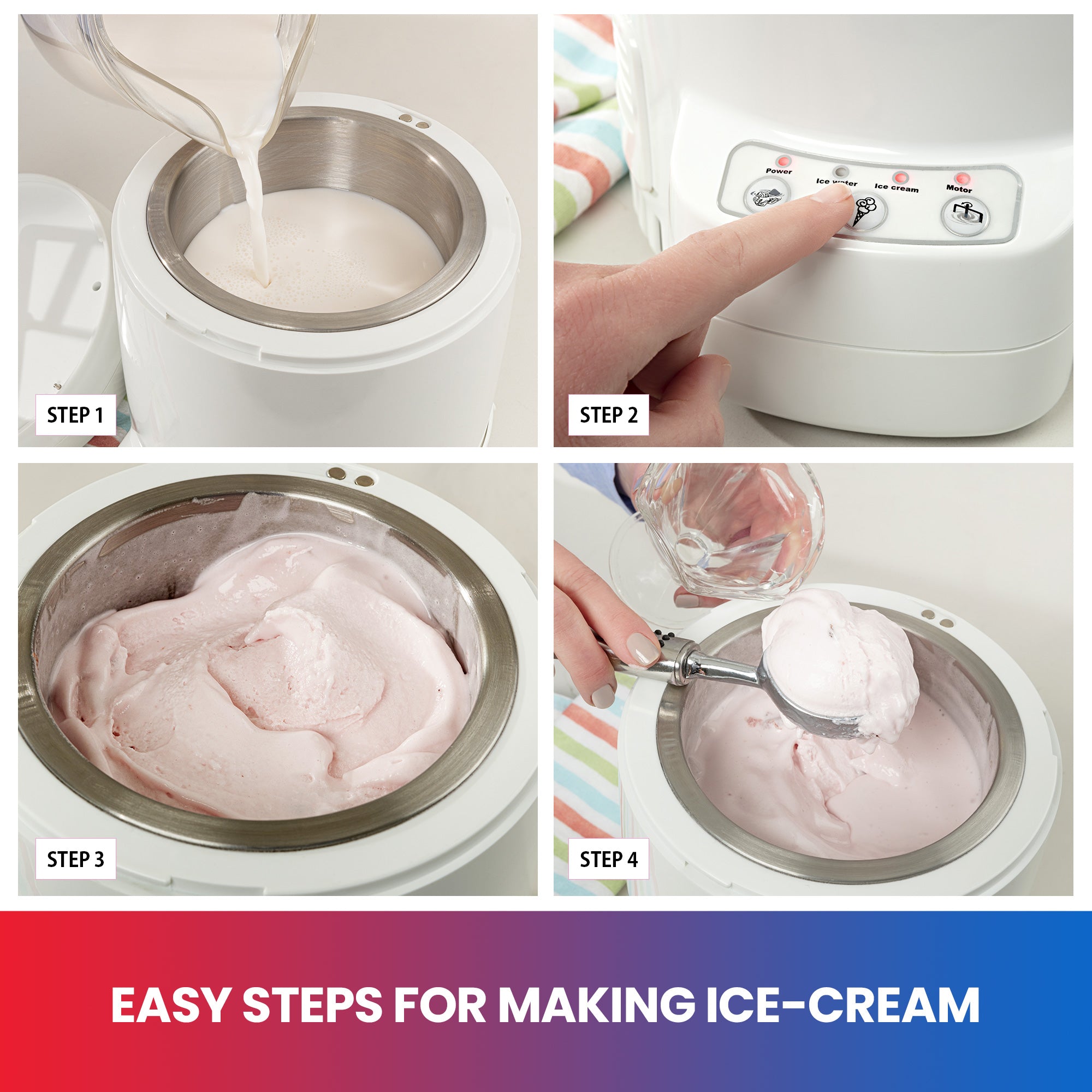 Four closeup images of the ice cream making process: Step 1 shows ingredients being poured into ice cream maker; Step 2 shows a person's finger pressing a button on the control panel; Step 3 shows the frozen ice cream in the ice cream maker; Step 4 shows a person's hand scooping ice cream. Text below reads, "Easy steps for making ice cream"