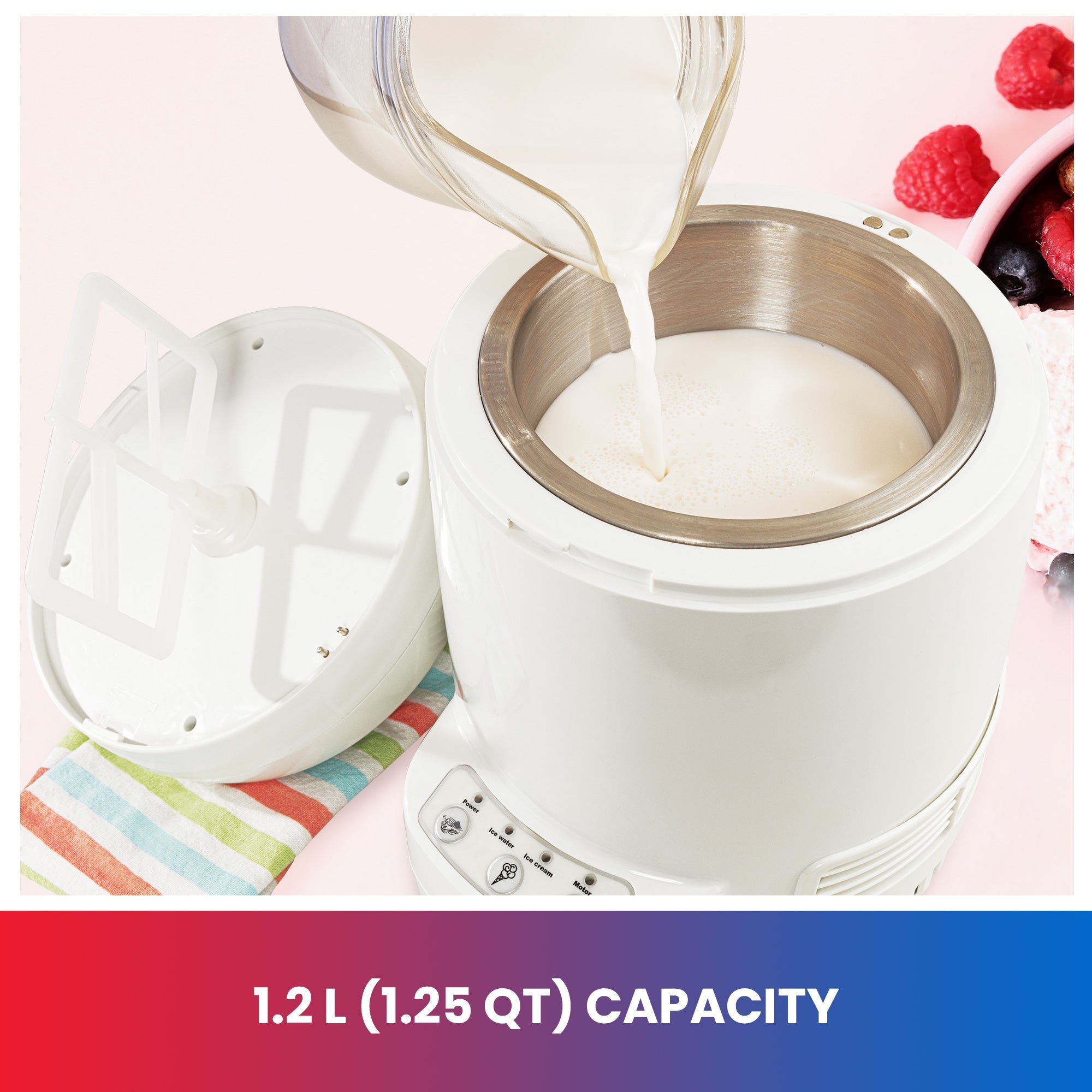 Lifestyle image of ingredients being poured from a measuring cup into the ice cream maker. Text below reads, "1.2L (1.25 qt) capacity"