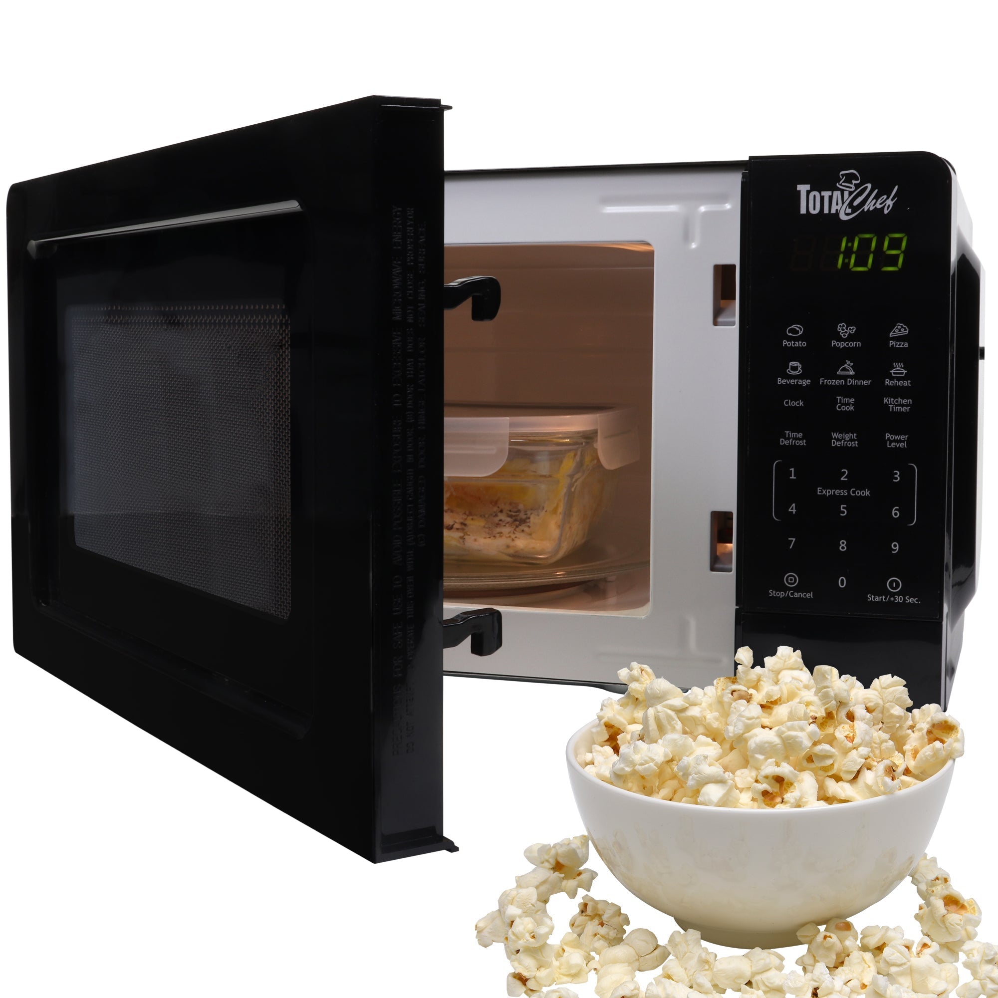 Product shot of black microwave on a white background with door partially open and a bowl of popcorn in front