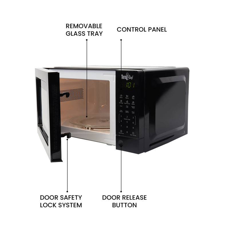 Product shot of black microwave on white background with parts labeled: Removable glass tray; control panel; door release button; door safety lock system
