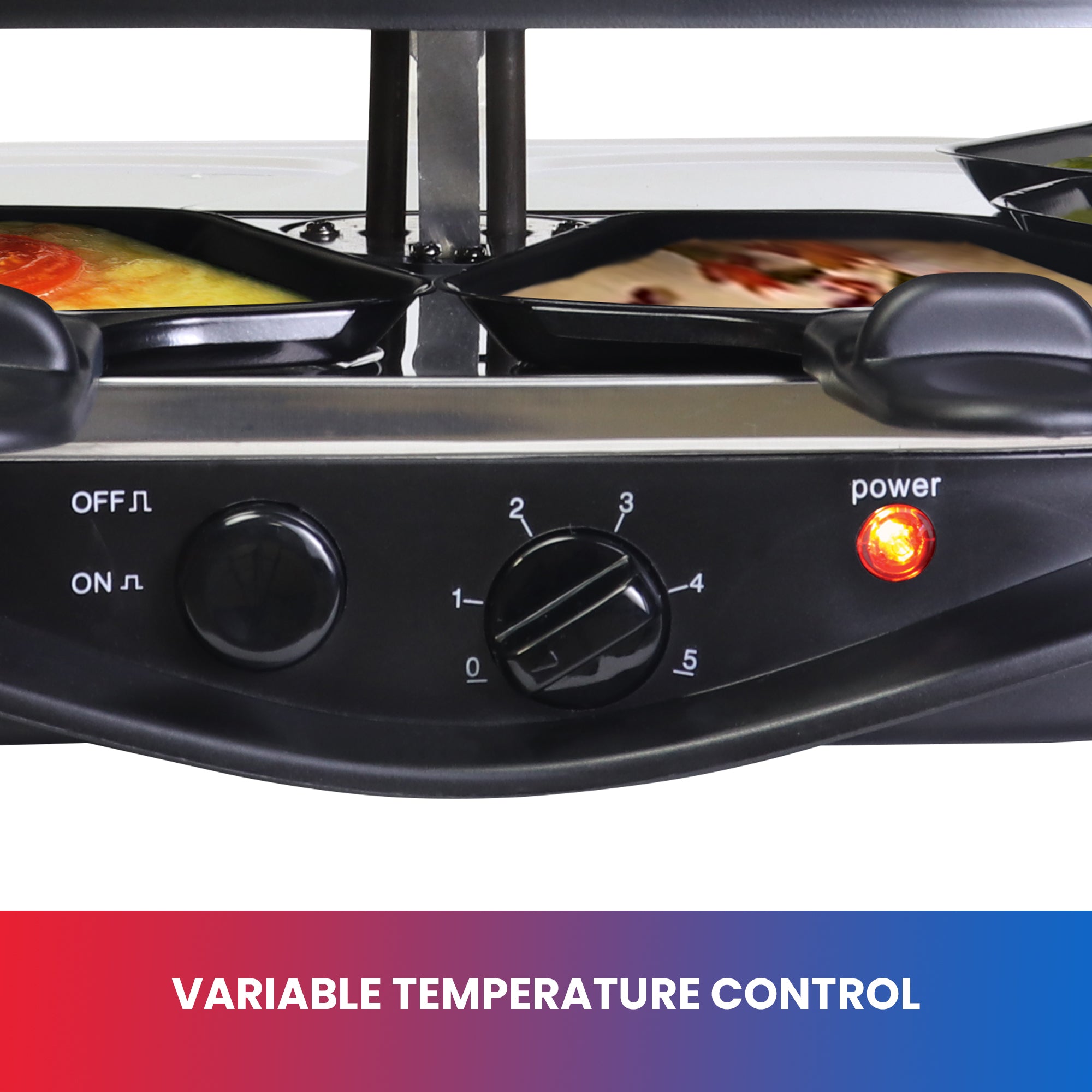 Closeup image of raclette grill controls and LED power indicator. Text below reads, "Variable temperature control"