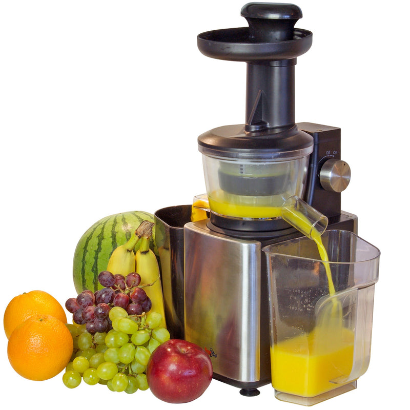 Product shot on white background of juicer in use with fruit around it and juice coming out