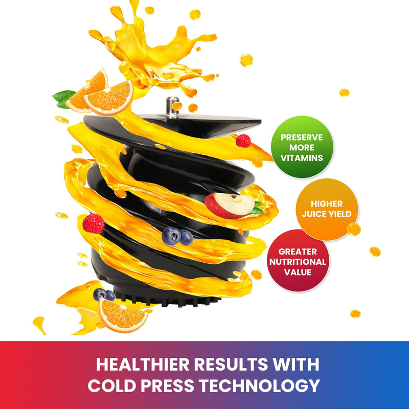 Enhanced image of juicer screw with orange coloured juice and fruits and berries swirling and splashing around it. Text below reads "Healthier results with cold press technology" and 3 circles on the right have text within reading "Preserve more vitamins," "Higher juice yield," and "Greater nutritional value"