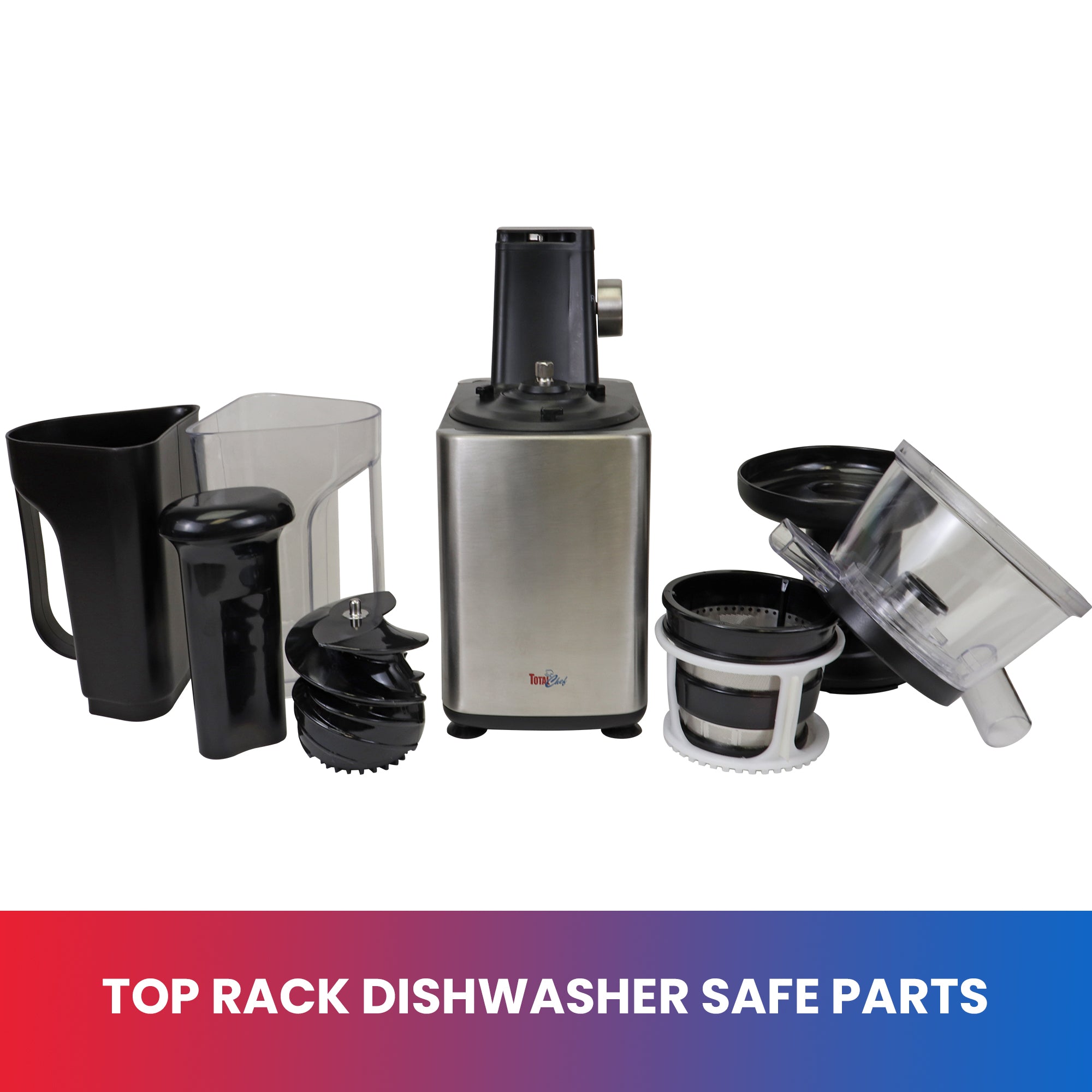 Product shot of all slow juicer parts with text below reading "Top rack dishwasher safe parts"