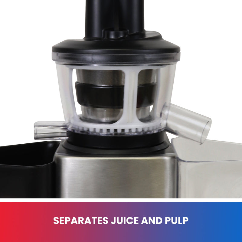 Closeup of spouts and catch cups for pulp and juice with text below reading "Separates juice and pulp"