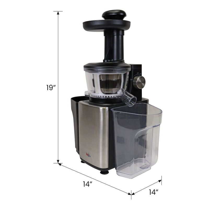 Product shot of slow juicer on white background with dimensions