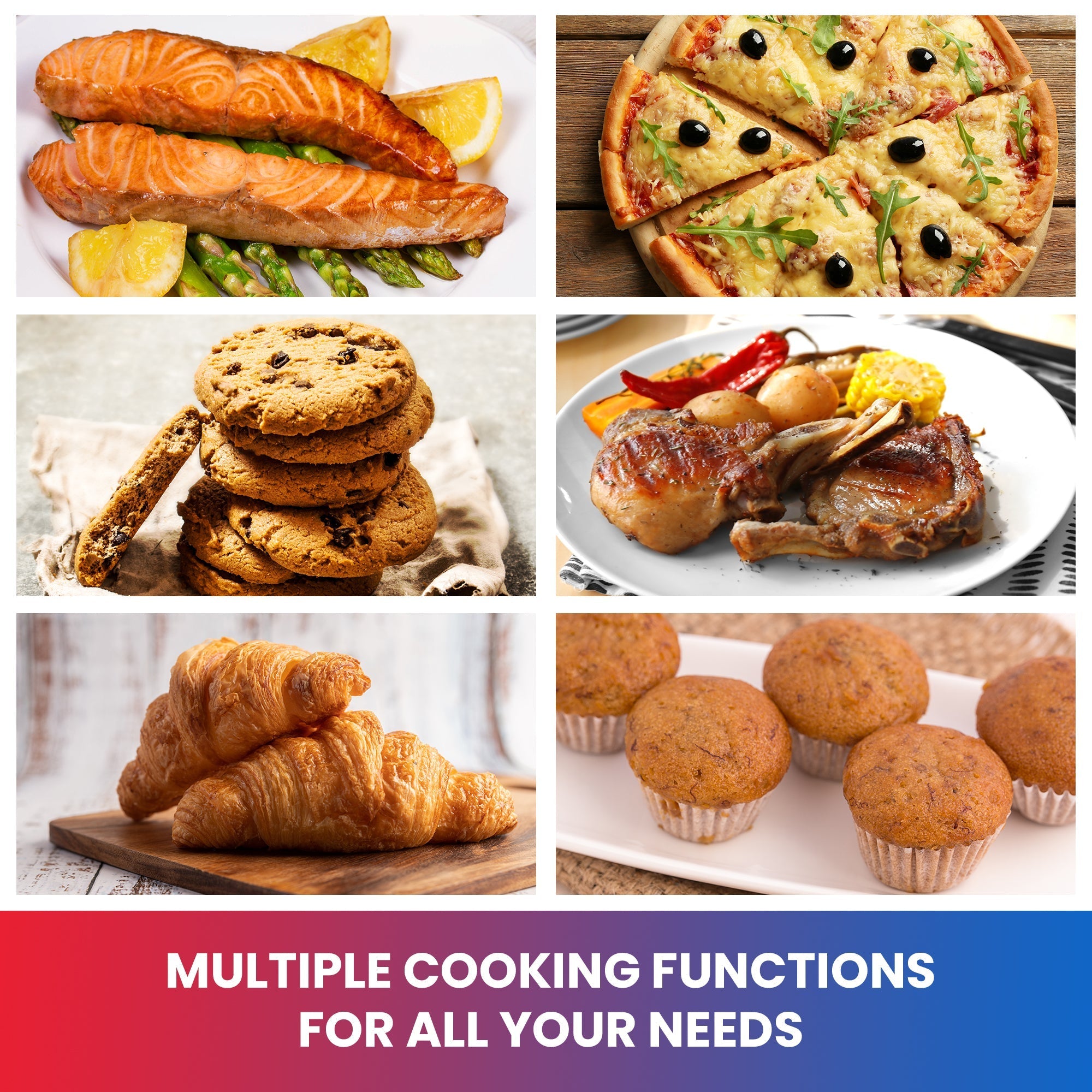 Six lifestyle images of foods that can be cooked in toaster oven: Salmon with asparagus and lemon wedges; Homemade pizza with arugula and olives; Chocolate chip cookies; Pork chops with potatoes and corn on the cob; Croissants; Mini muffins. Text below reads "Multiple cooking functions for all your needs"