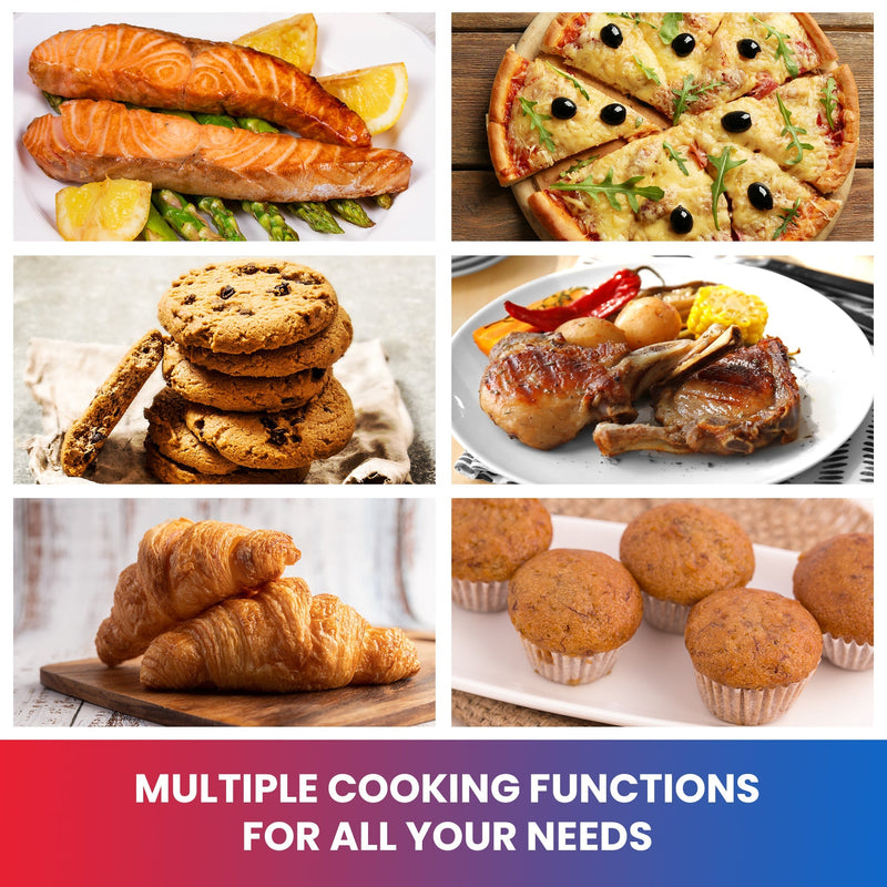 Six lifestyle images of foods that can be cooked in toaster oven: Salmon with asparagus and lemon wedges; Homemade pizza with arugula and olives; Chocolate chip cookies; Pork chops with potatoes and corn on the cob; Croissants; Mini muffins. Text below reads "Multiple cooking functions for all your needs"