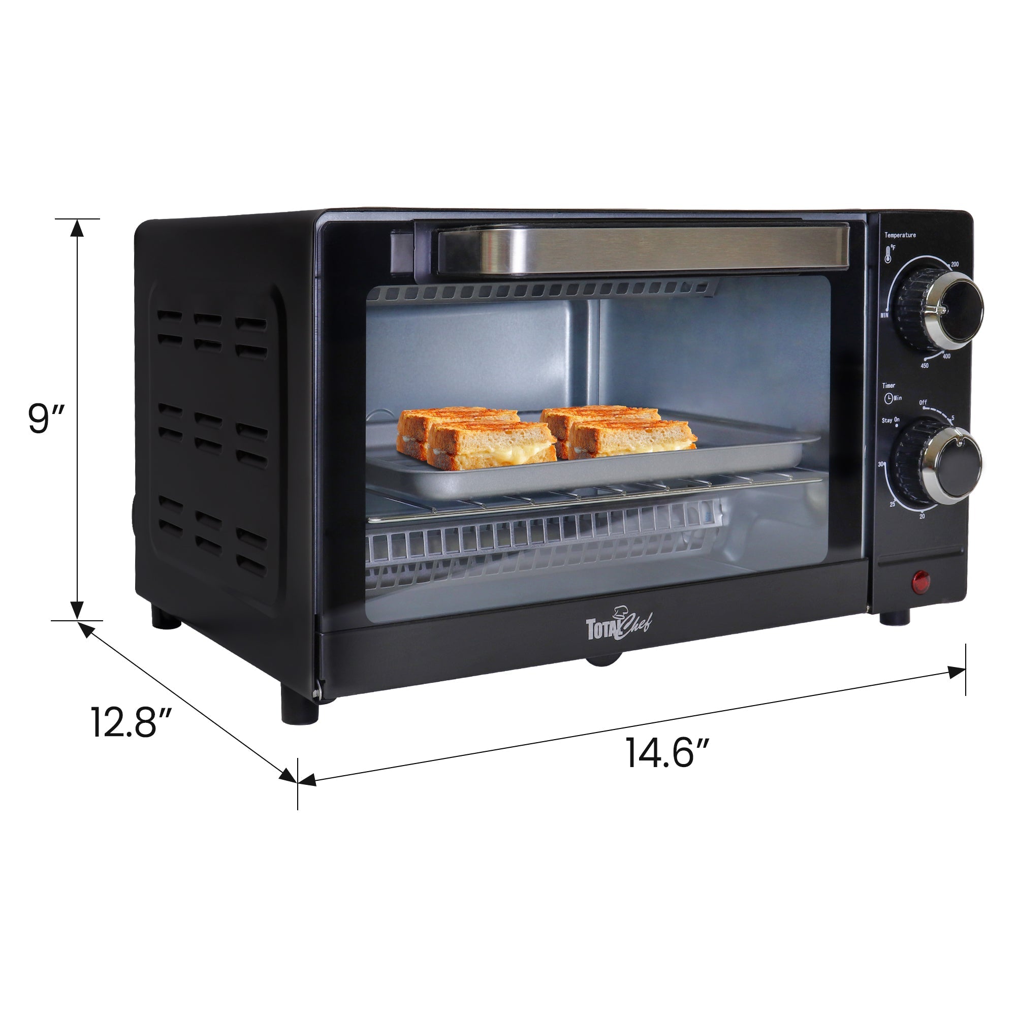 Product shot of toaster oven on white background with dimensions