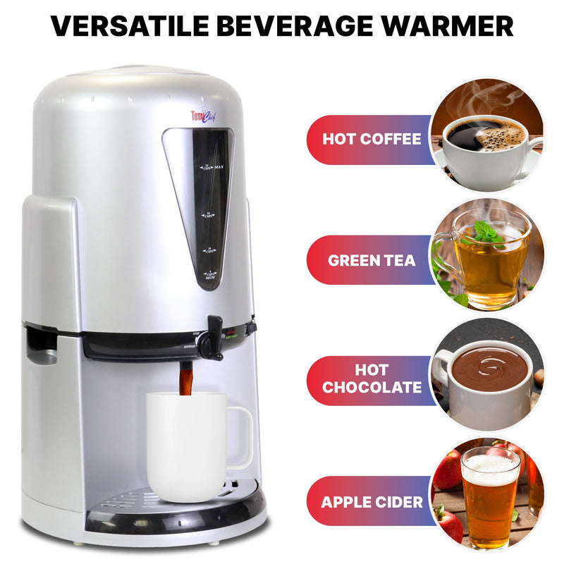 Product shot of Total Chef 24-cup coffee urn on a white background with coffee dispensing into a white mug. Four small lifestyle images to the right, labeled, show: Hot coffee; green tea; hot chocolate; apple cider. Text above reads, "Versatile beverage warmer"