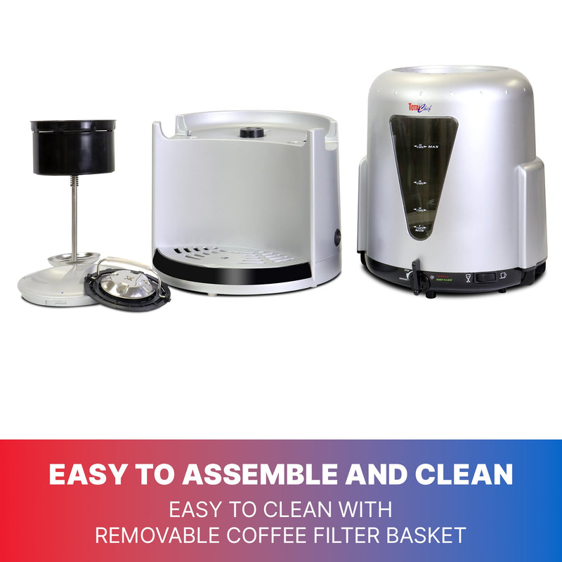 Product shot of Total Chef 24-cup coffee percolator, disassembled, on a white background. Text below reads, "Easy to assemble and clean: Easy to clean with removable coffee filter basket"