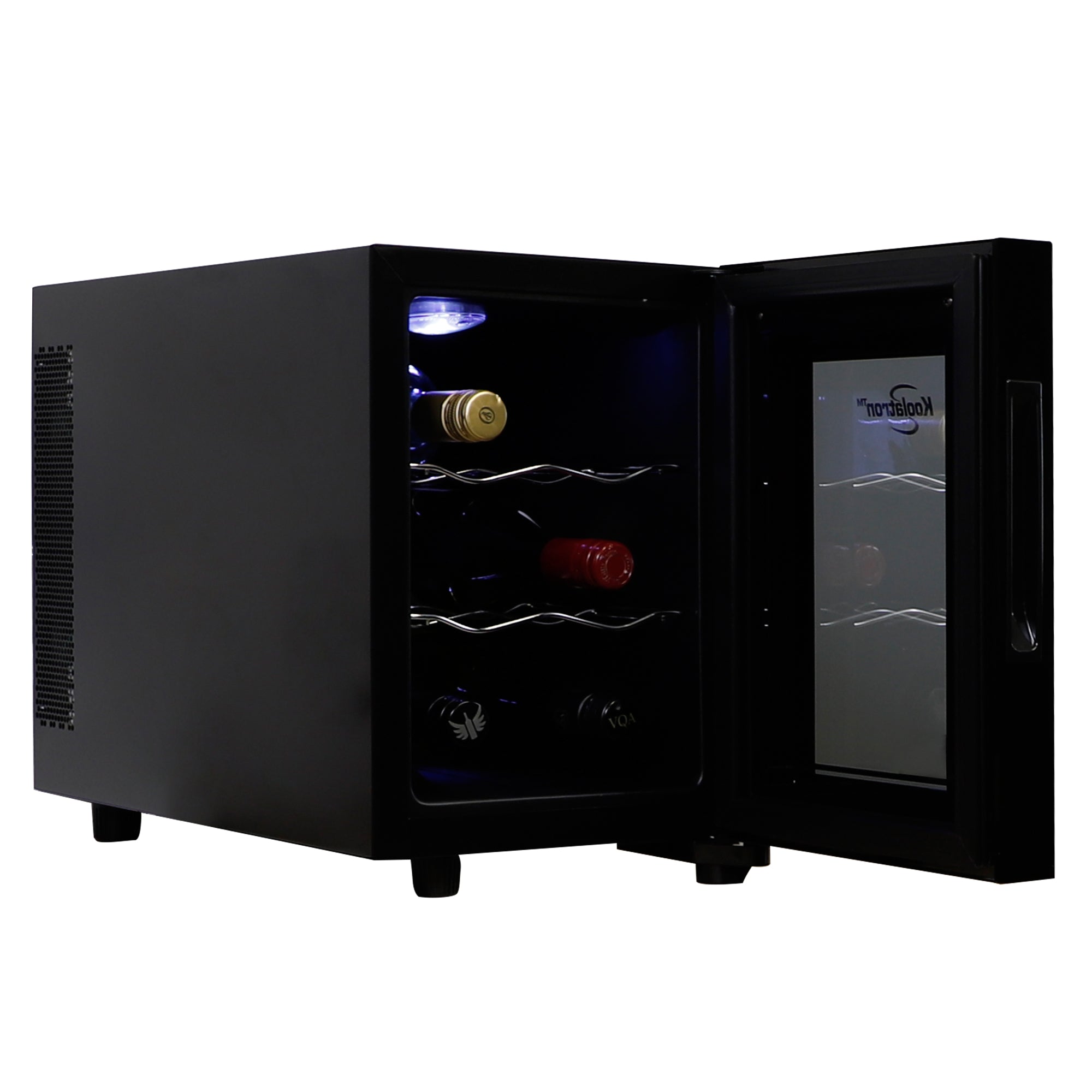 Koolatron 6 bottle wine cooler, open with bottles of wine inside, on a white background