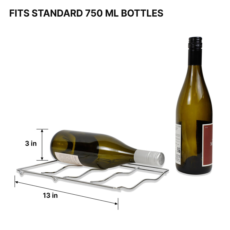 Removable wire rack from Koolatron 6 bottle wine chiller with dimensions listed and one wine bottle lying on it and one standing up beside it. Text above reads "Fits standard 750 mL bottles"