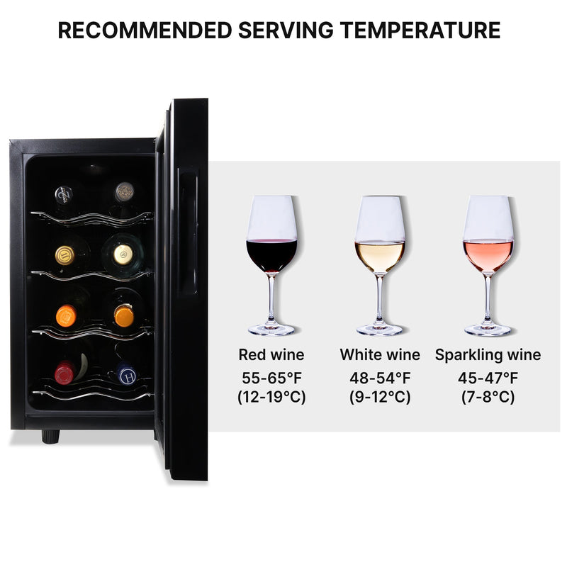 Product shot of wine fridge, open, with three wine glasses to the right containing red, white, and rose wines; Text above reads "Recommended serving temperature" and text below each glass describes the ideal temperature