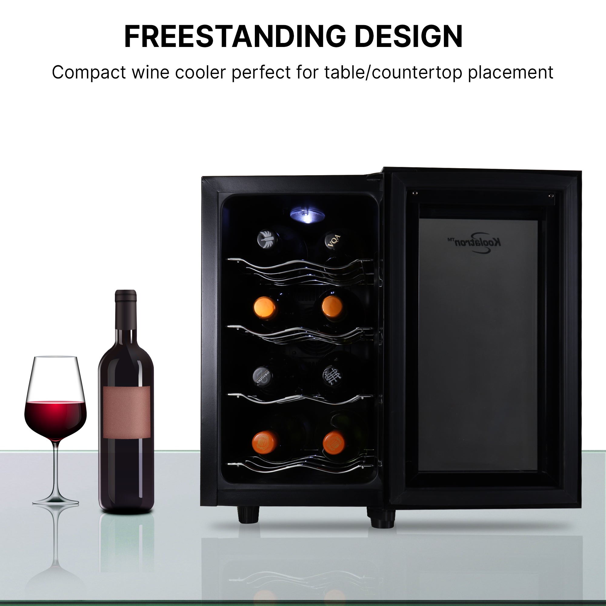Koolatron 8 bottle countertop wine cooler, open, with a bottle and glass of red wine to the left; Text above reads "Freestanding design: Compact wine cooler perfect for floor placement"