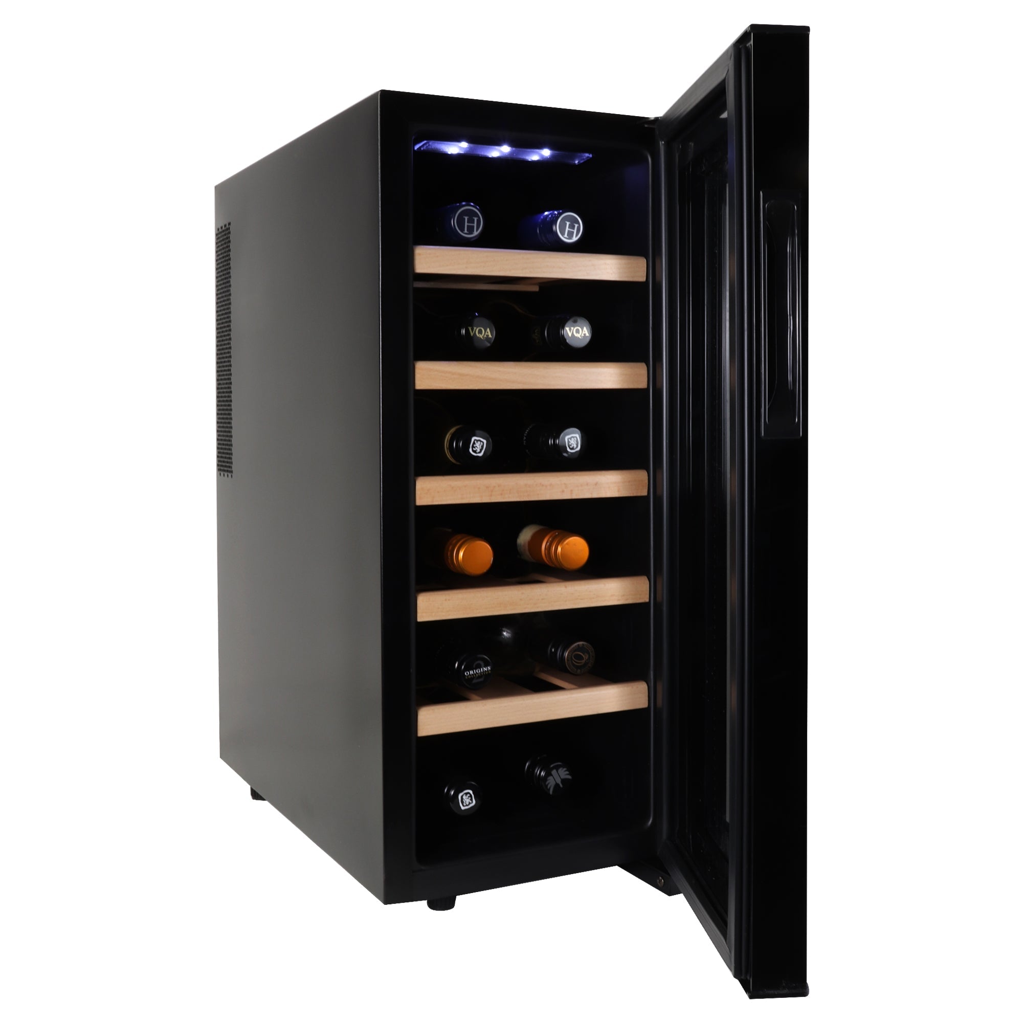 Koolatron 12 bottle wine cooler, open with bottles of wine inside, on a white background