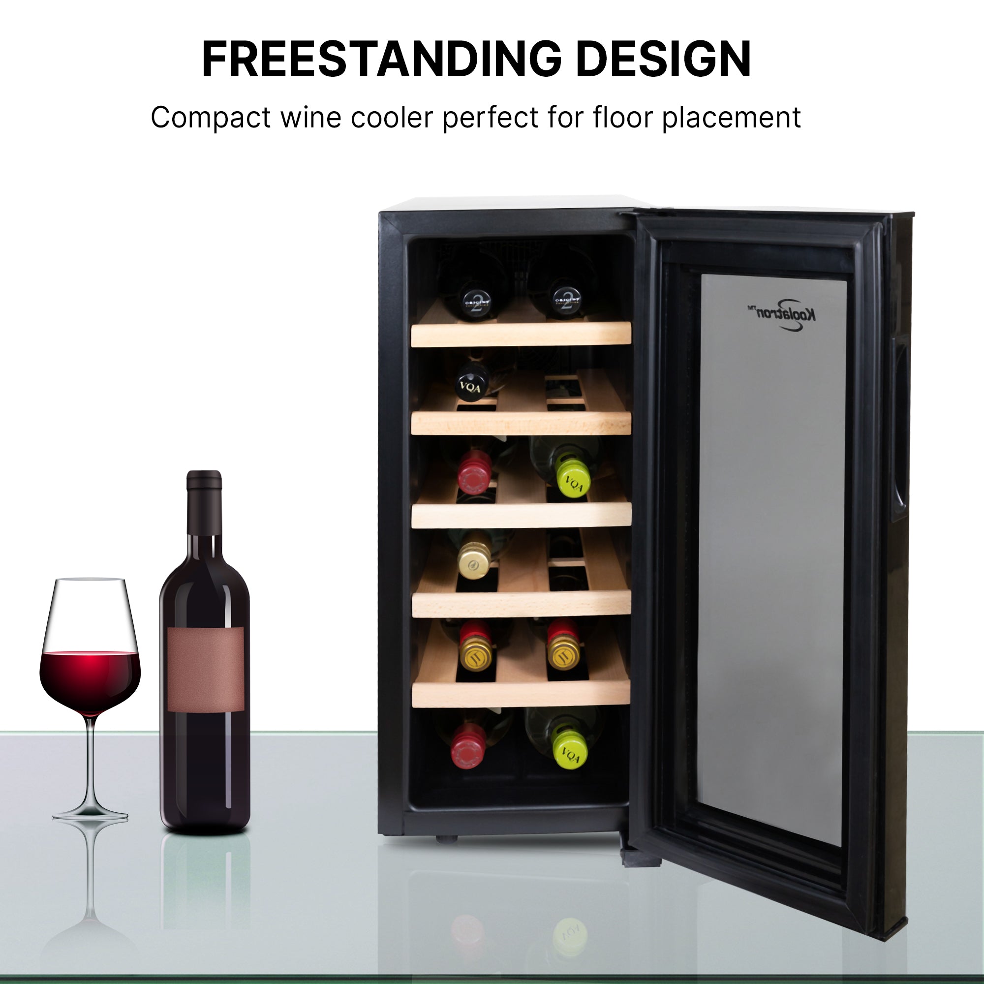 Koolatron 12 bottle wine cooler, open, with a bottle and glass of red wine to the left; Text above reads "Freestanding design: Compact wine cooler perfect for floor placement"