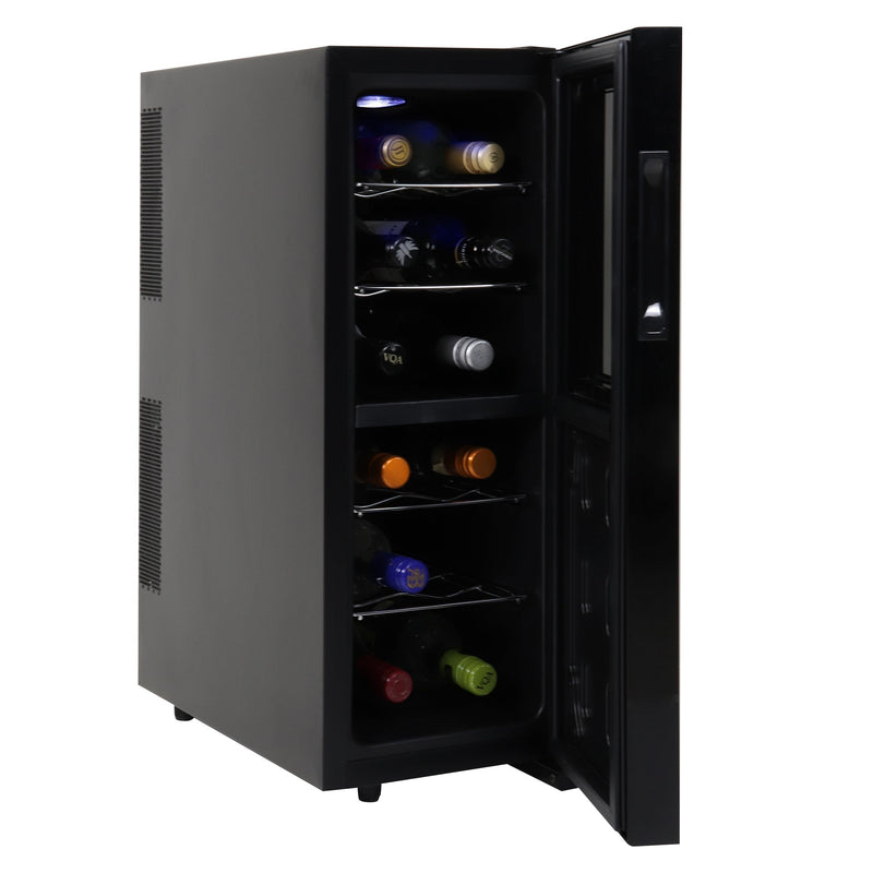 Product shot on white background of wine cooler open with bottles of wine inside