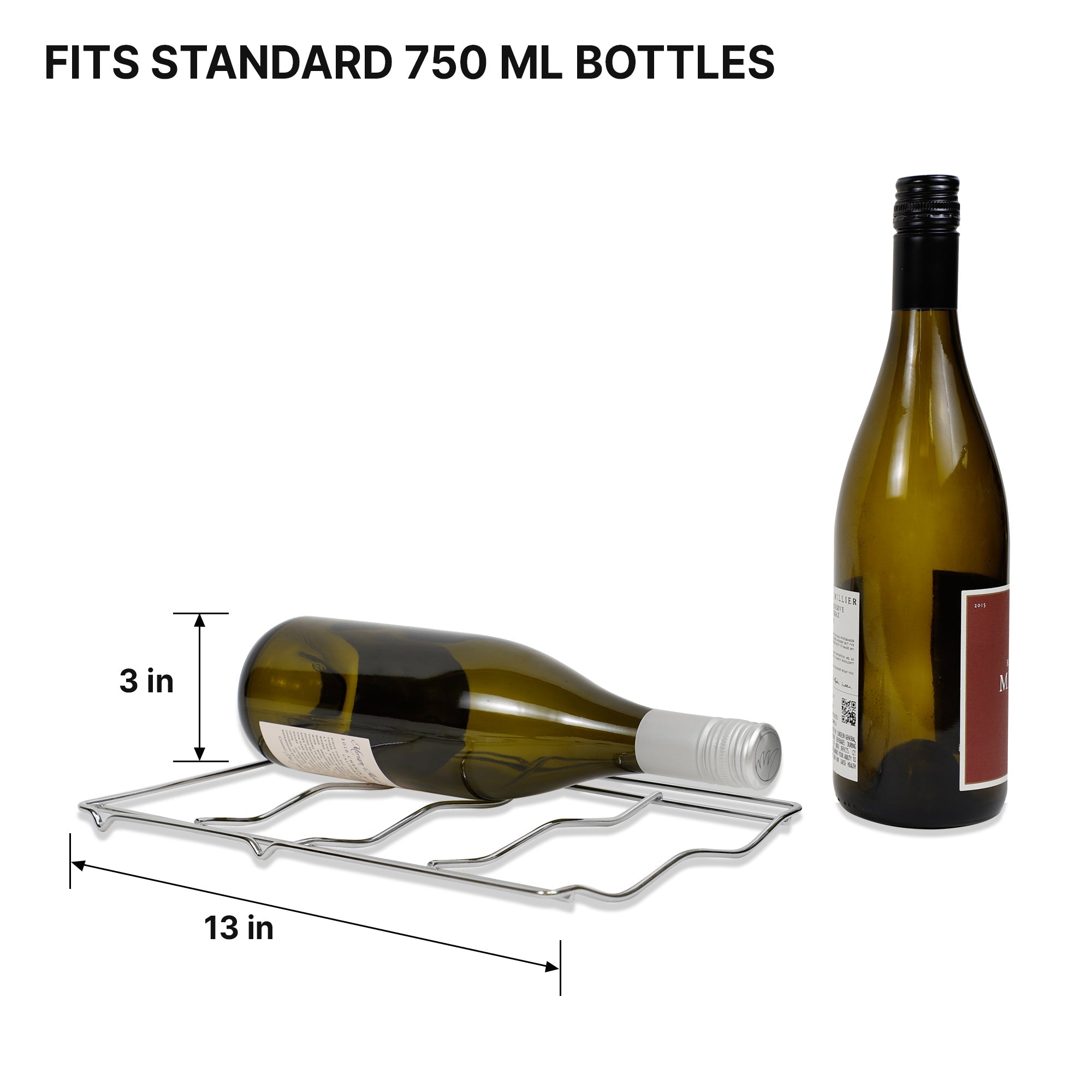 Removable wire rack from Koolatron dual zone 12 bottle wine chiller with dimensions listed and one wine bottle lying on it and one standing up beside it. Text above reads "Fits standard 750 mL bottles"