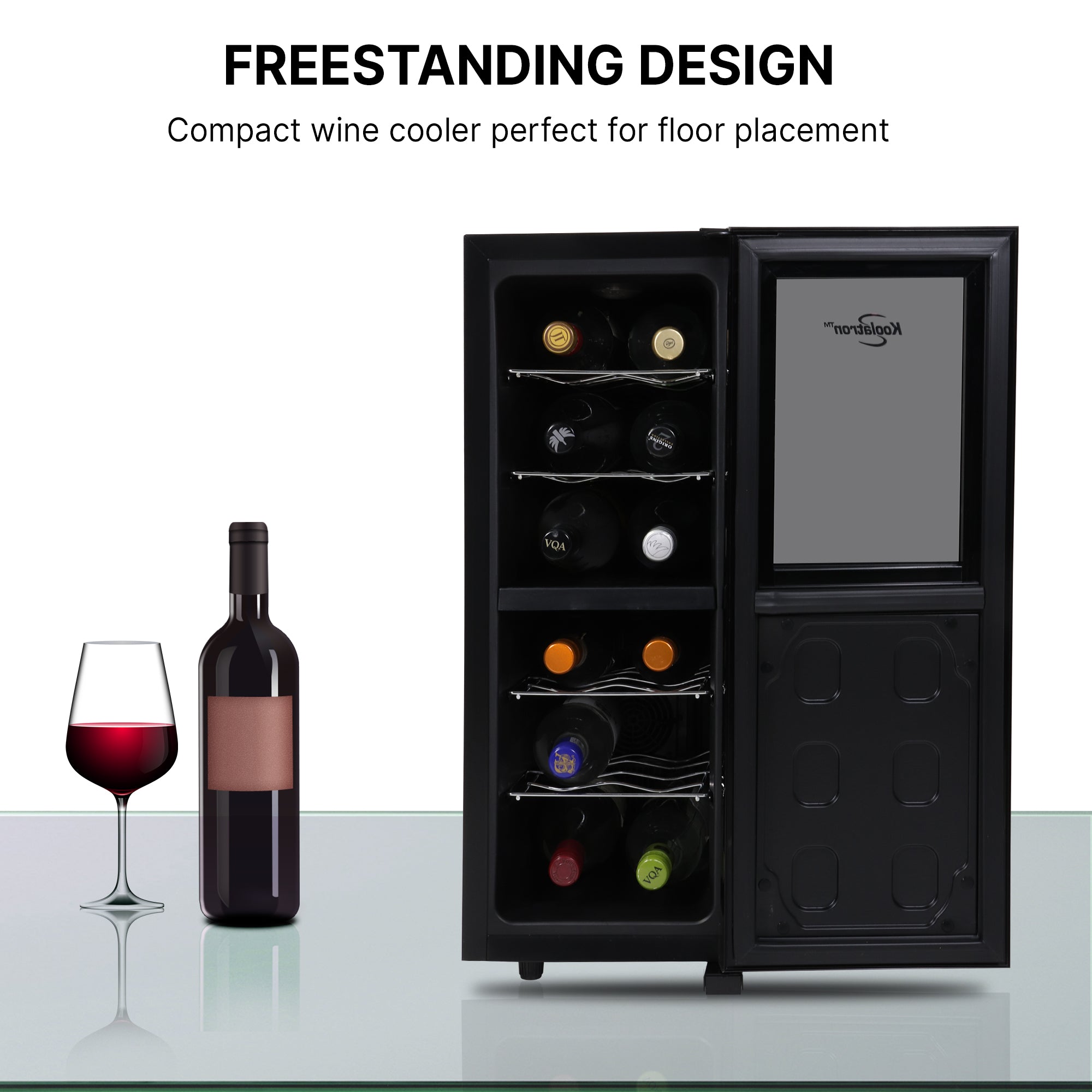 Koolatron 12 bottle wine cooler, open, with a bottle and glass of red wine to the left; Text above reads "Freestanding design: Compact wine cooler perfect for floor placement"