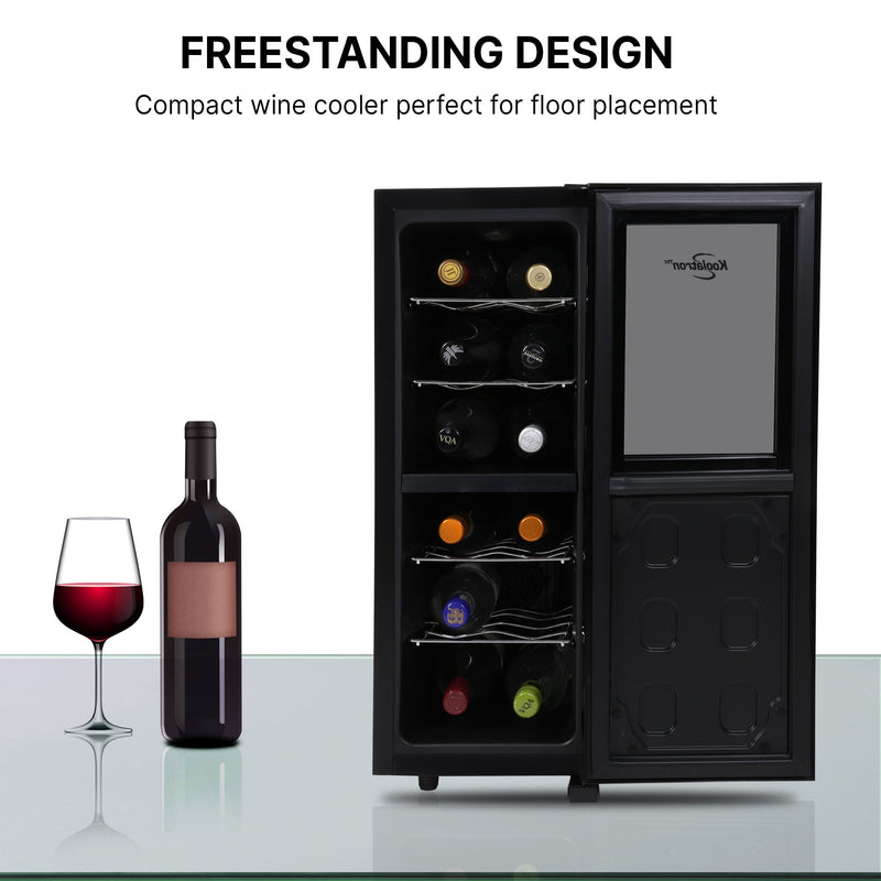 Product shot of wine cooler, open, with a bottle and glass of red wine to the left; Text above reads "Freestanding design: Compact wine cooler perfect for floor placement"