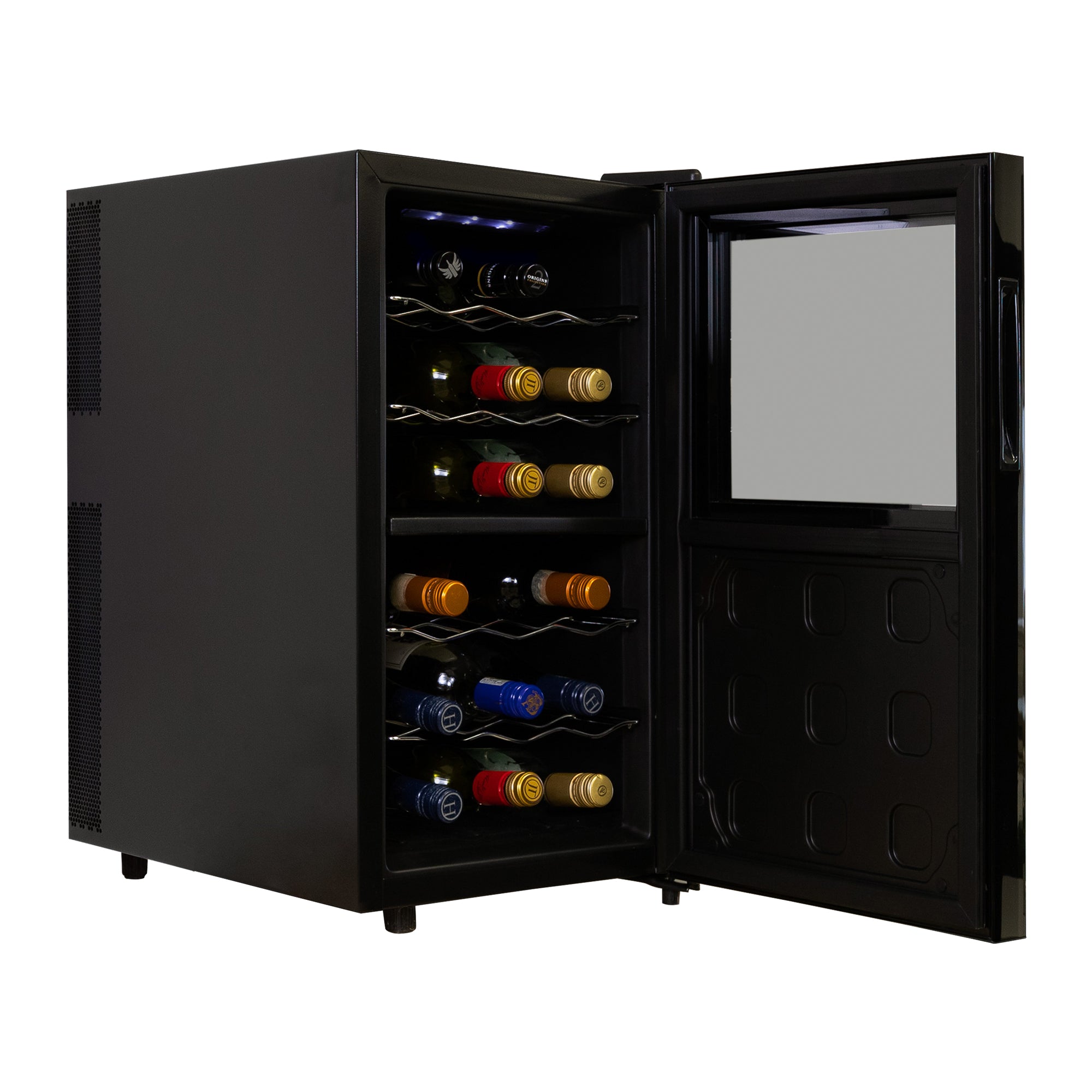 Koolatron 18 bottle wine cooler, open with bottles of wine inside, on a white background