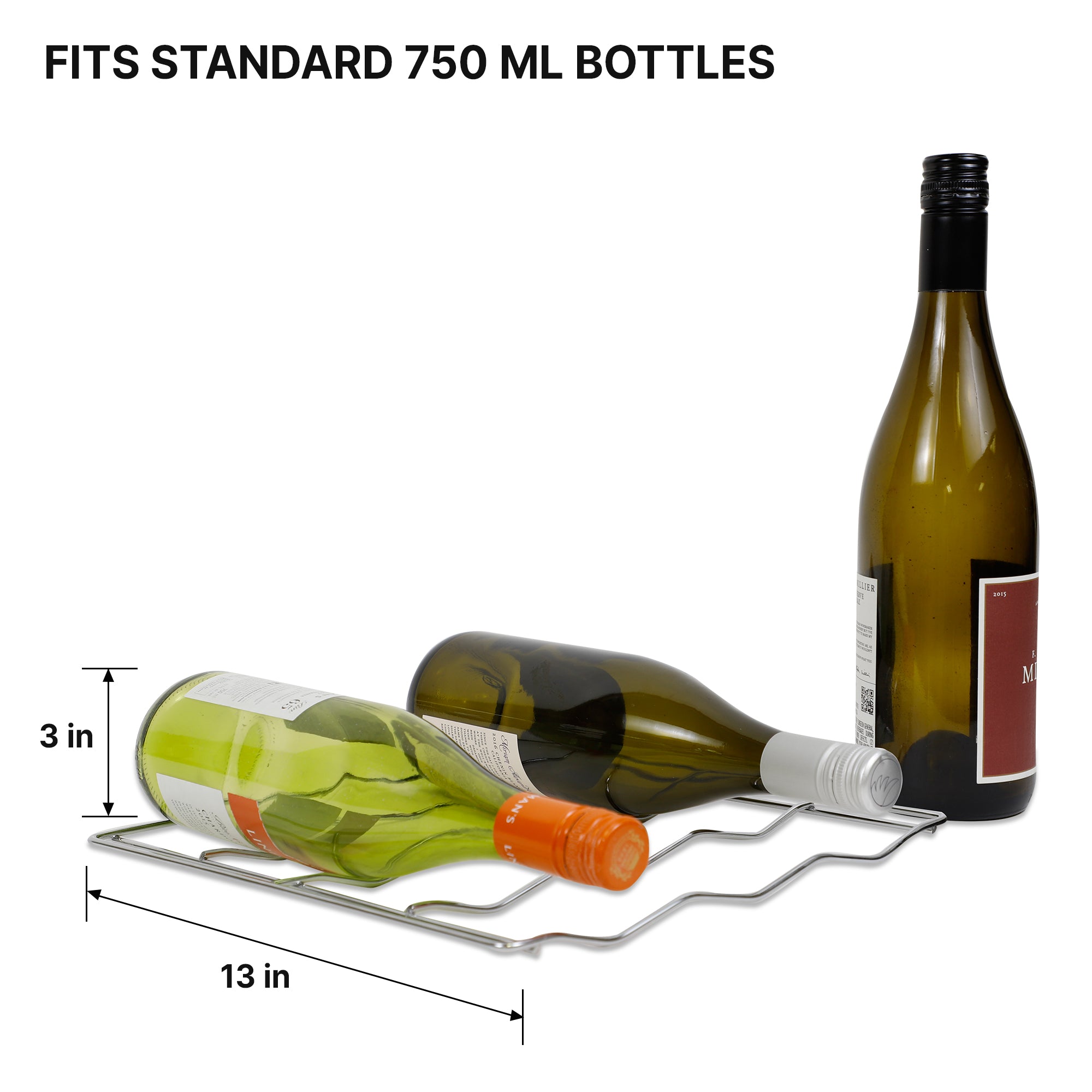 Removable wire rack from Koolatron 18 bottle wine chiller with dimensions labeled and two wine bottles lying on it and one standing up beside it. Text above reads "Fits standard 750 mL bottles"