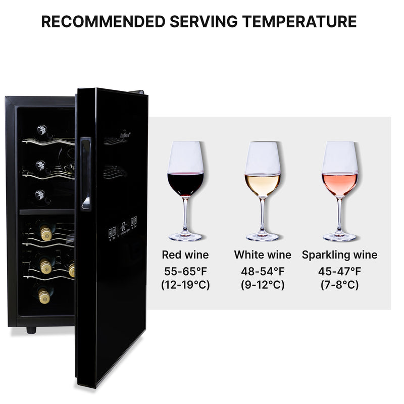 Product shot of wine fridge, open, with three wine glasses to the right containing red, white, and rose wines; Text above reads "Recommended serving temperature" and text below each glass describes the ideal temperature