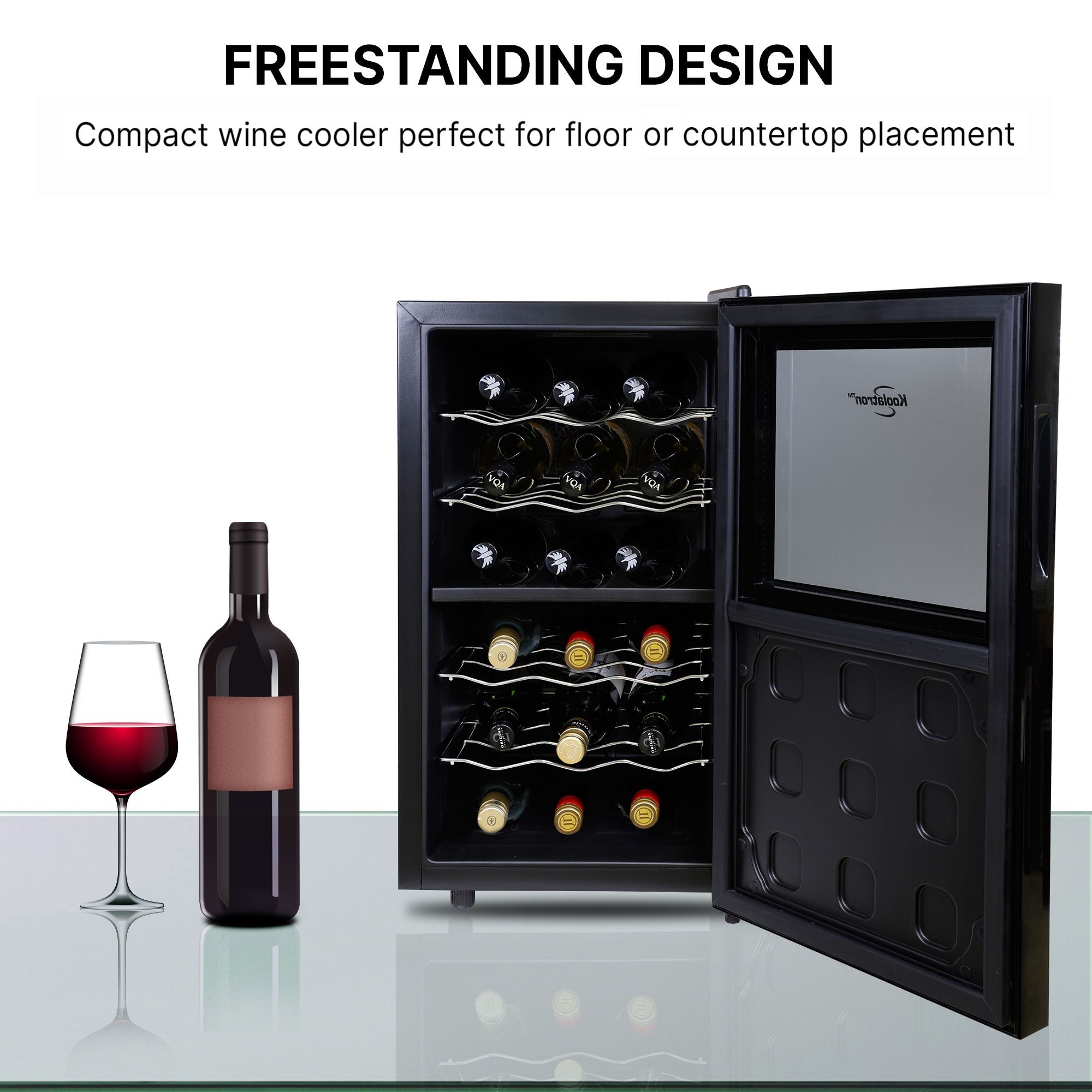 Koolatron 18 bottle wine cooler, open, with a bottle and glass of red wine to the left; Text above reads "Freestanding design: Compact wine cooler perfect for floor or countertop placement"