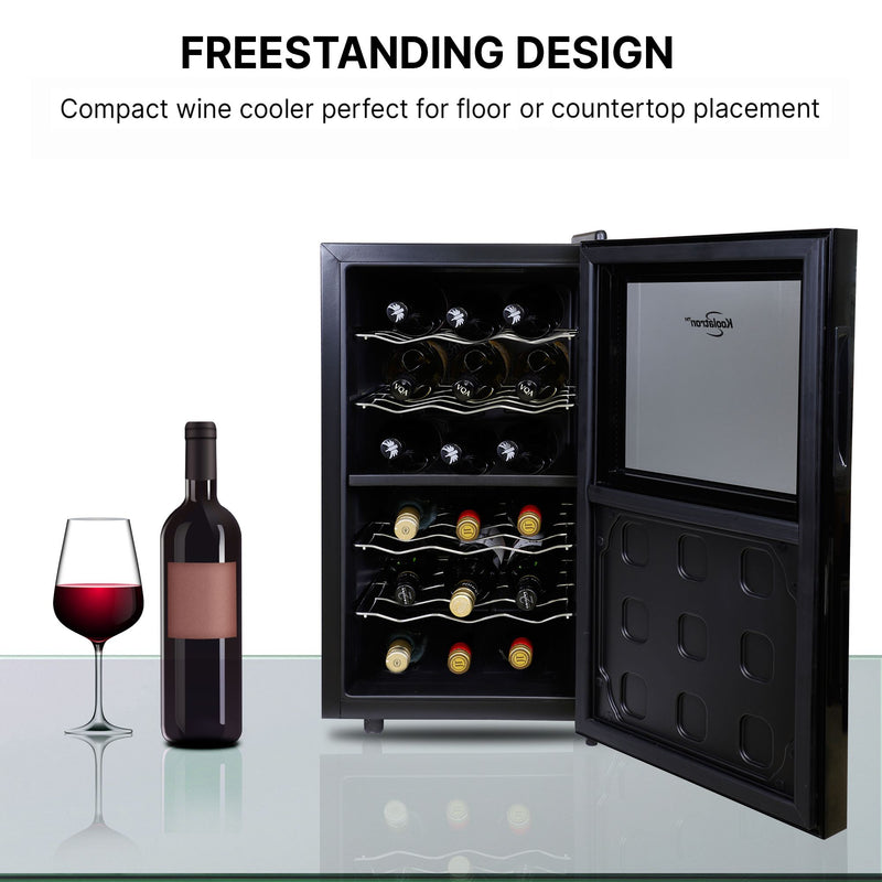 Product shot of wine cooler, open, with a bottle and glass of red wine to the left; Text above reads "Freestanding design: Compact wine cooler perfect for floor or countertop placement"