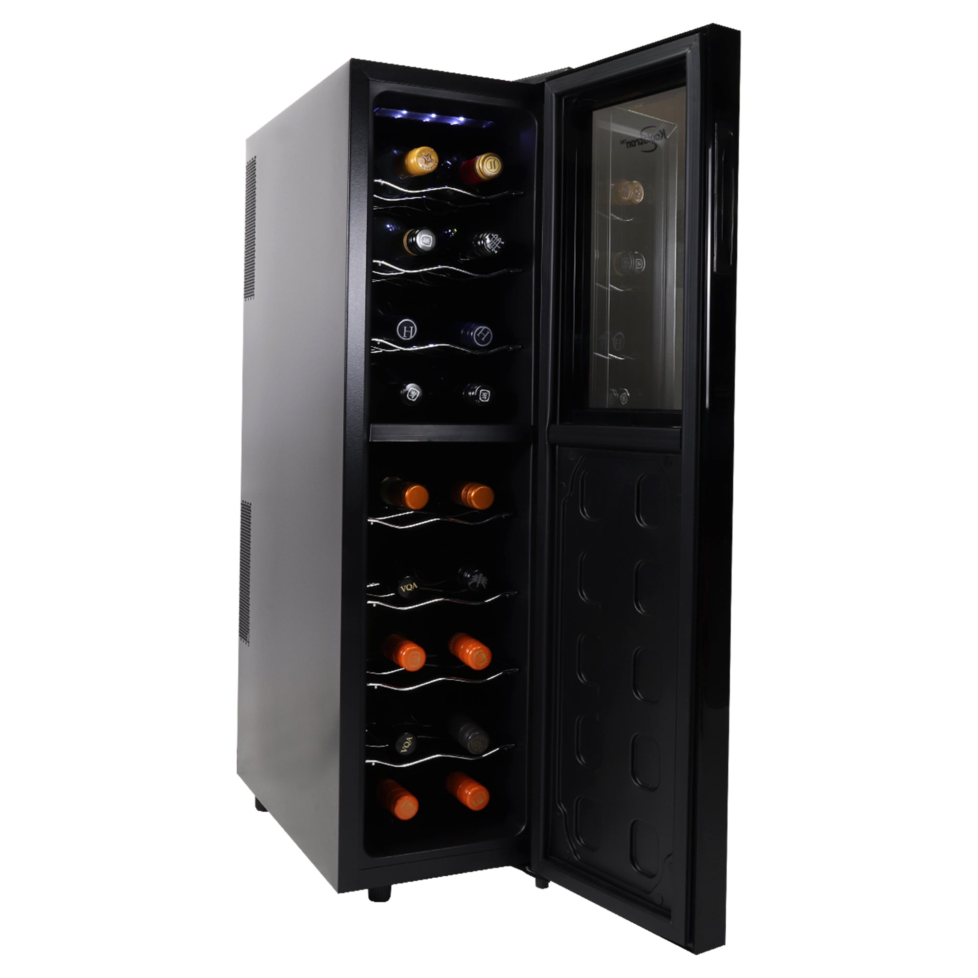  Koolatron 18 bottle wine cooler, open with bottles of wine inside, on a white background