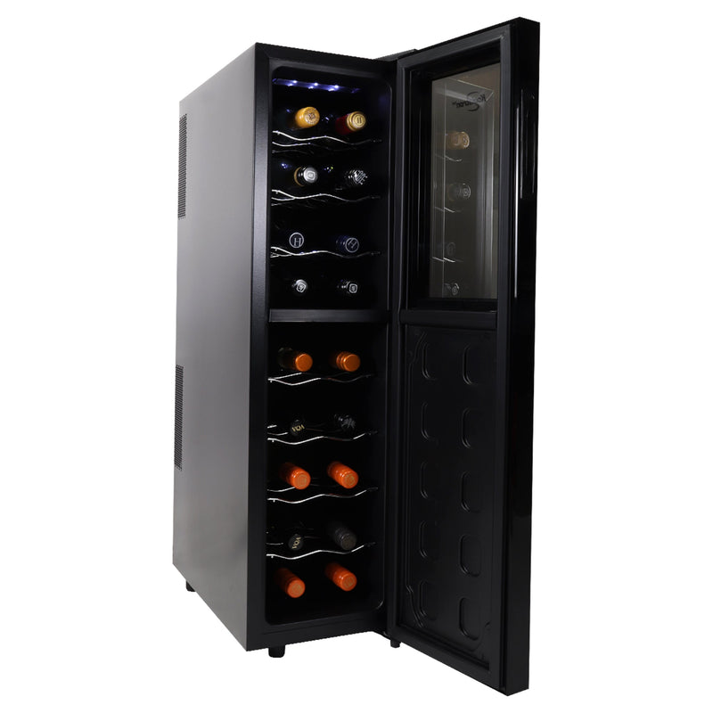 Product shot on white background of wine cooler open with bottles of wine inside