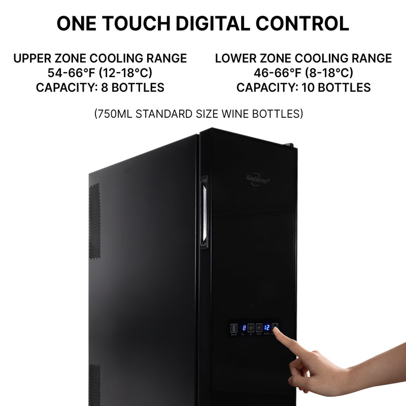 Closeup of person’s finger touching button on digital control panel; Text above reads "One touch digital control" and temperature ranges of upper and lower zones