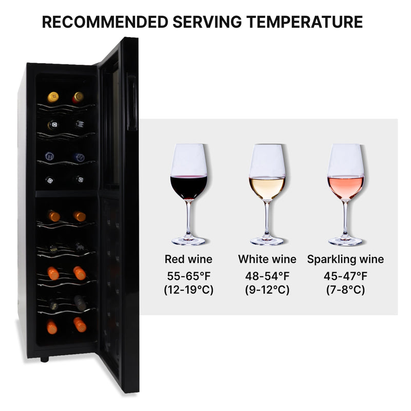 Product shot of wine fridge, open, with three wine glasses to the right containing red, white, and rose wines; Text above reads "Recommended serving temperature" and text below each glass describes the ideal temperature