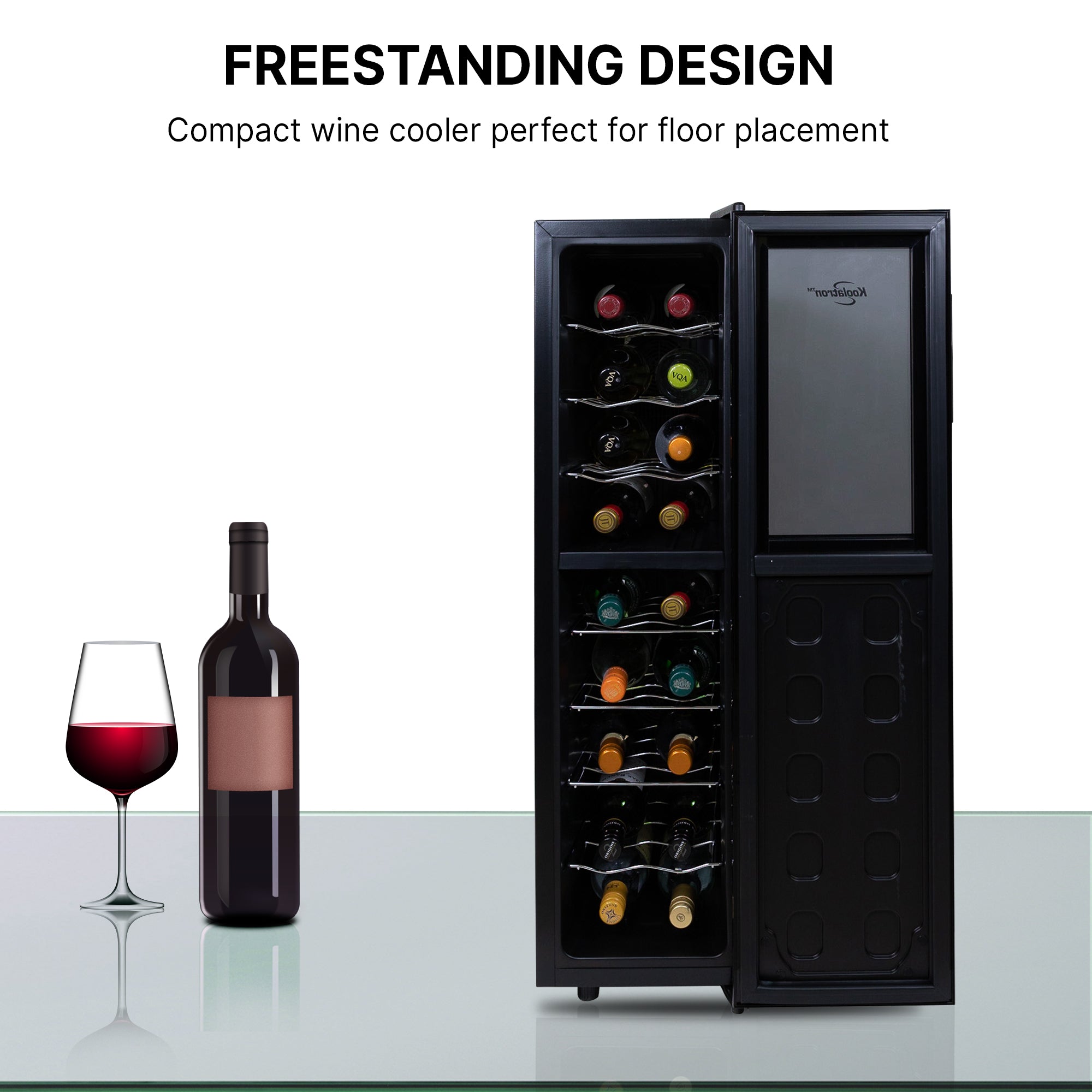 Product shot of wine cooler, open, with a bottle and glass of red wine to the left; Text above reads "Freestanding design: Compact wine cooler perfect for floor placement"