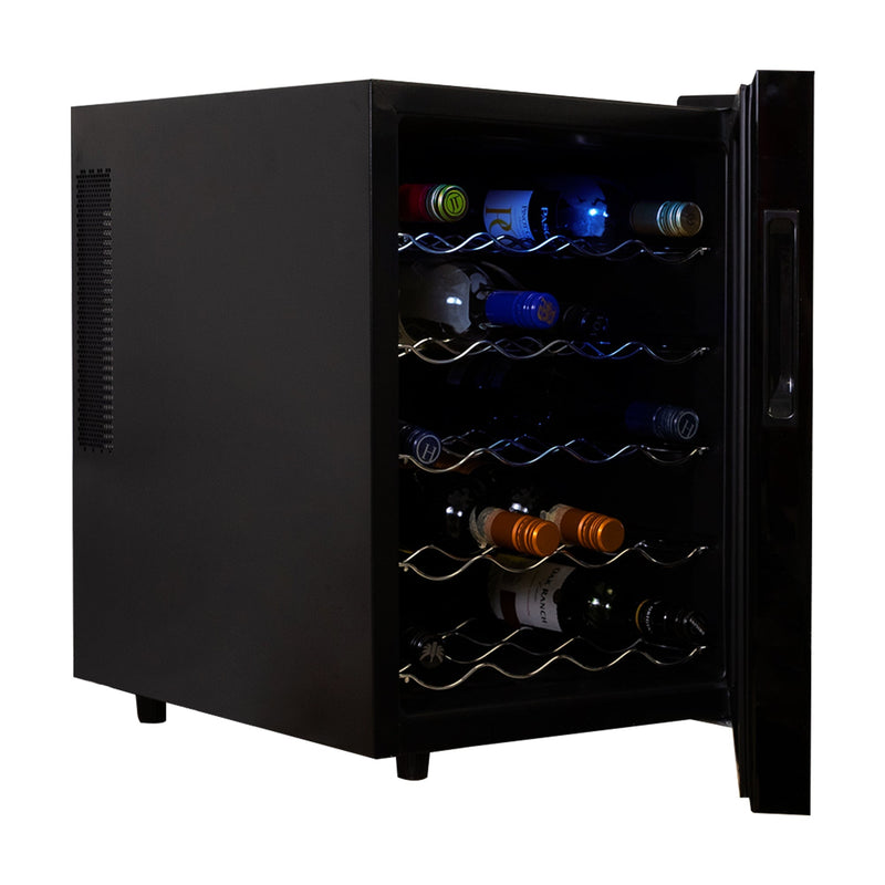 Product shot on white background of wine cooler open with bottles of wine inside