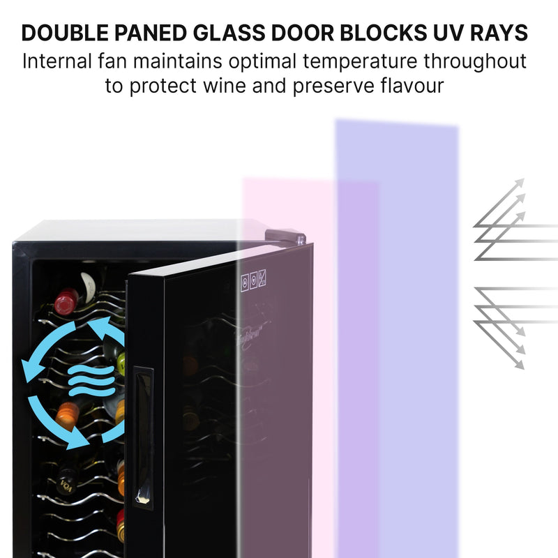 Product shot of wine cooler, open, with text above reading "Double paned glass door blocks UV rays: Internal fan maintains optimal temperature throughout to protect wine and preserve flavor"