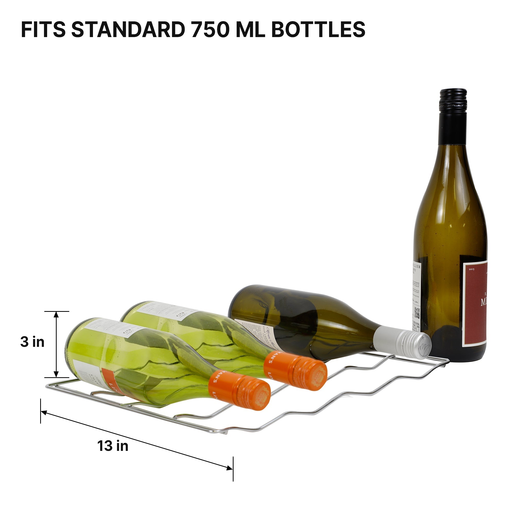 Removable wire rack from Koolatron 20 bottle wine chiller with dimensions labeled and three wine bottles lying on it and one standing up beside it. Text above reads "Fits standard 750 mL bottles"