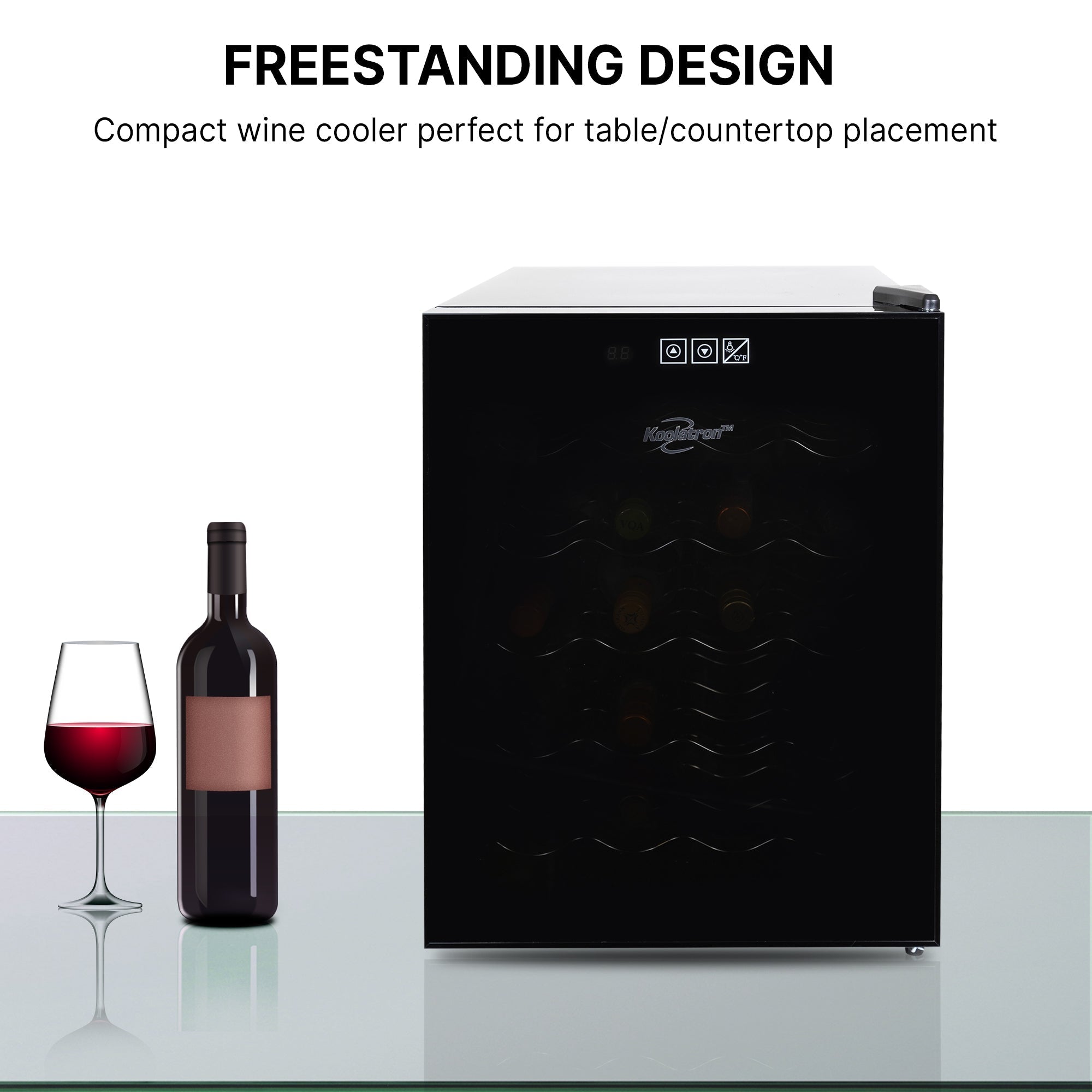 Koolatron 20 bottle wine cooler, open, with a bottle and glass of red wine to the left; Text above reads "Freestanding design: Compact wine cooler perfect for floor or countertop placement"