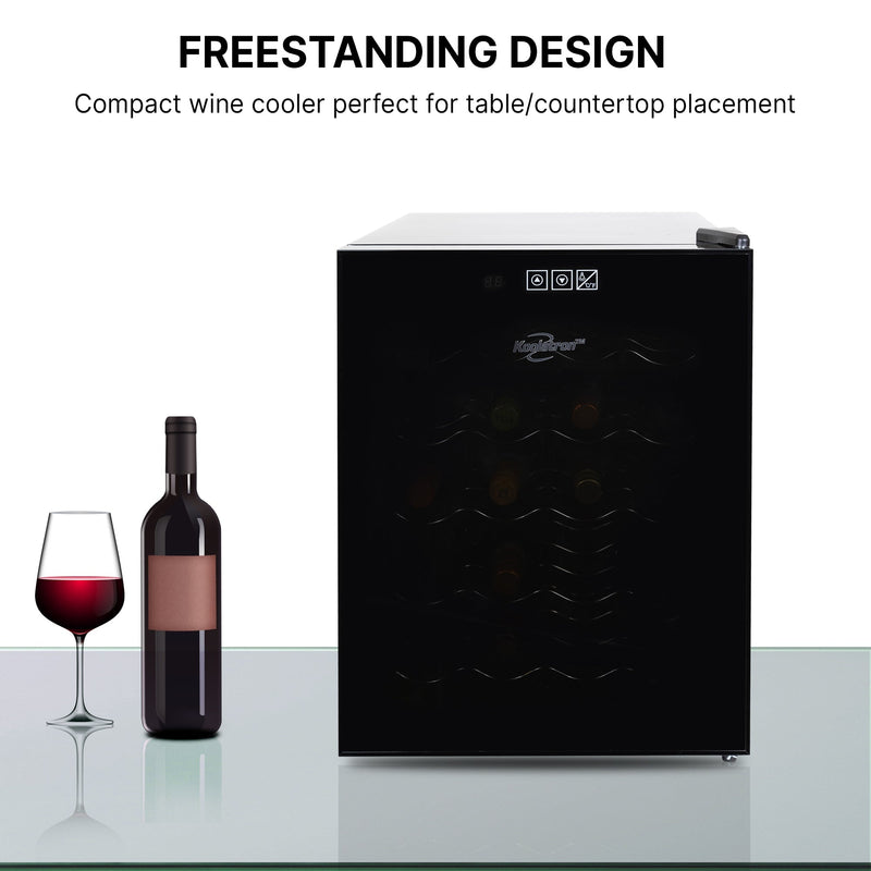 Product shot of wine cooler, open, with a bottle and glass of red wine to the left; Text above reads "Freestanding design: Compact wine cooler perfect for table/counterop placement"