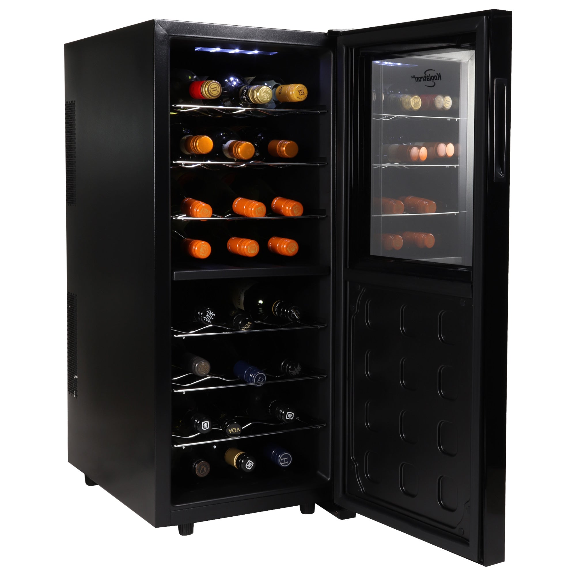Koolatron 24 bottle dual zone wine cooler, open with bottles of wine inside, on a white background