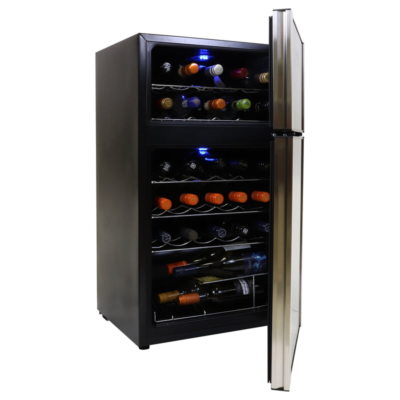 Product shot on white background of wine cooler open with bottles of wine inside