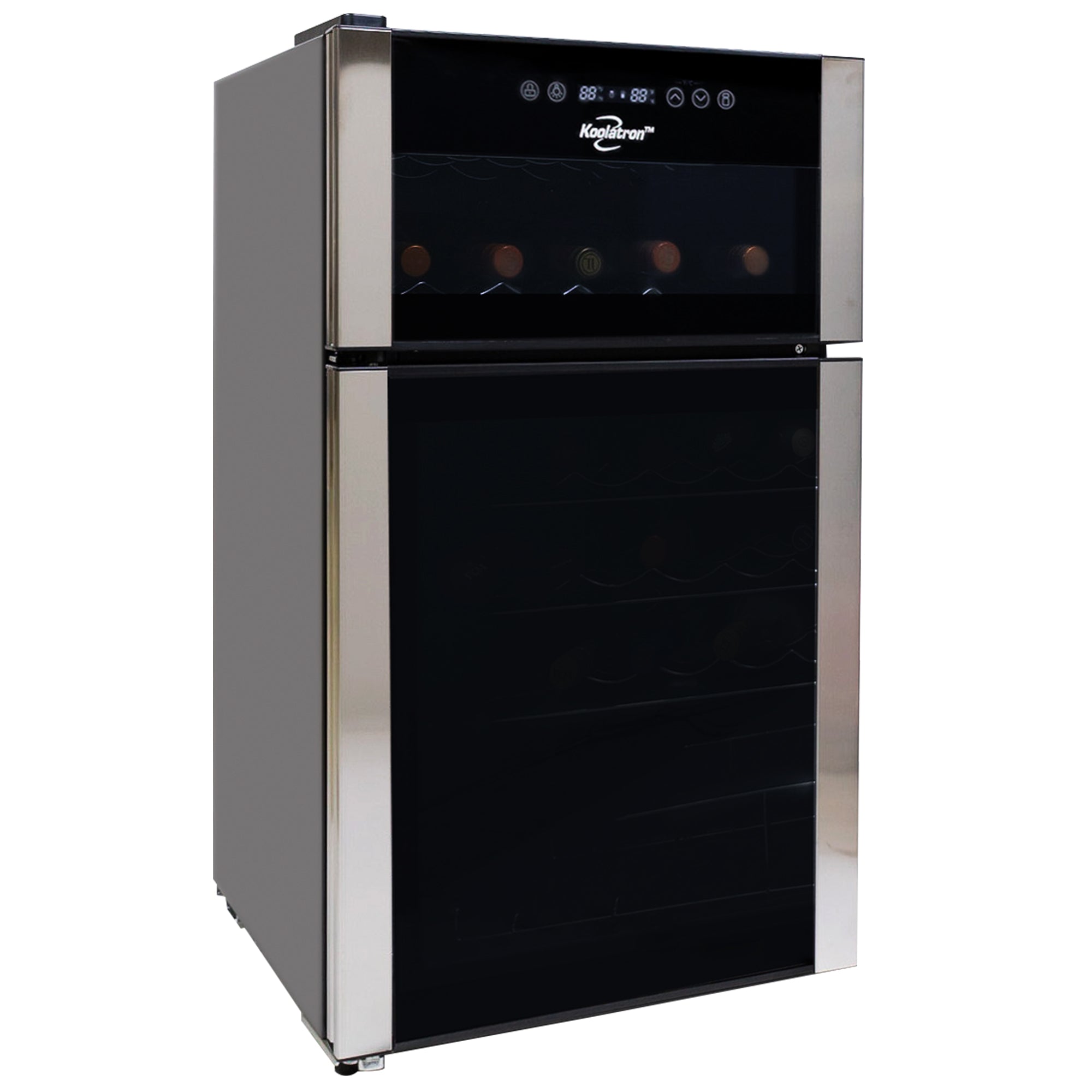 Koolatron 29 bottle freestanding compressor wine fridge, closed, on a white background