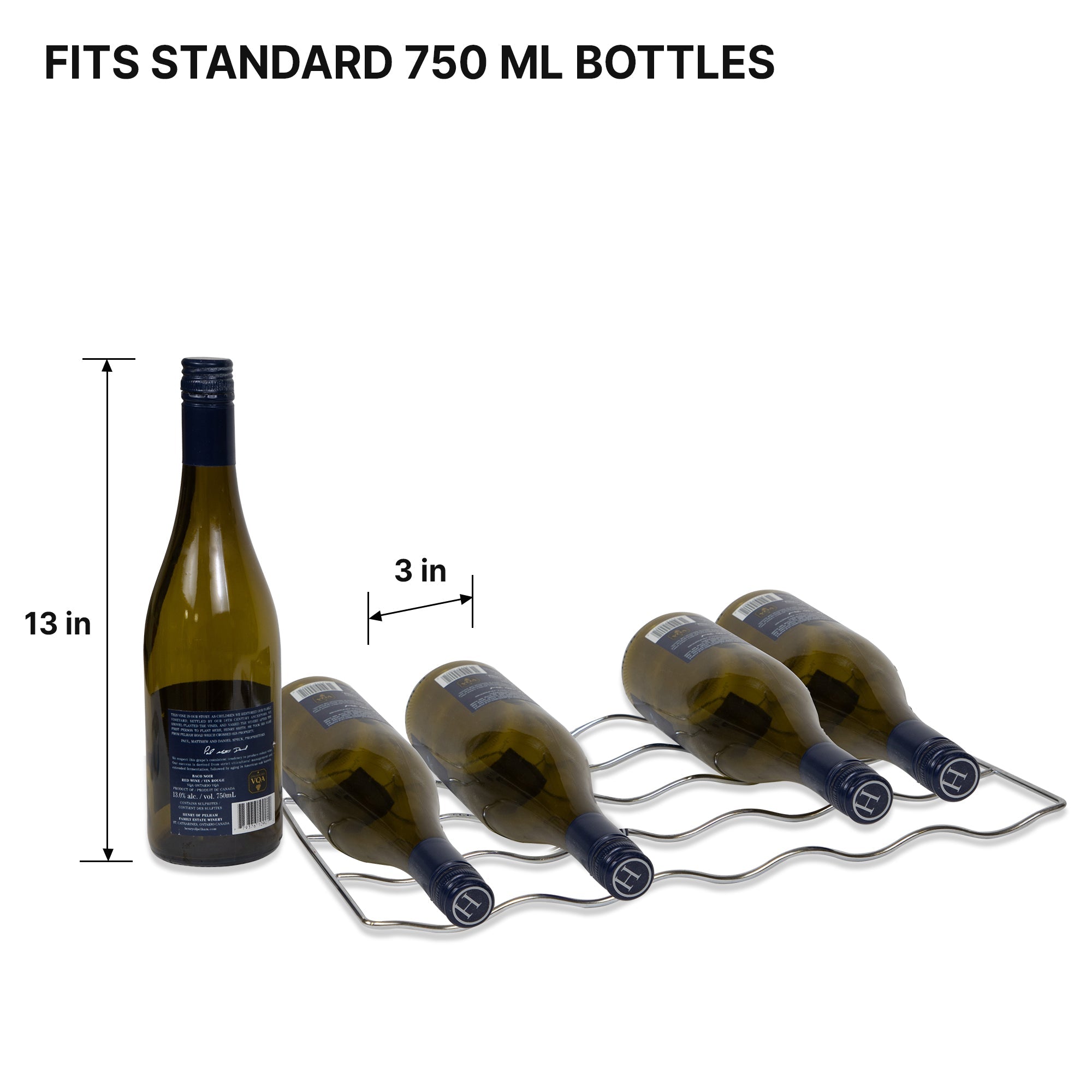 Removable wire rack from Koolatron 29 bottle wine chiller with dimensions labeled and four wine bottles lying on it and one standing up beside it. Text above reads "Fits standard 750 mL bottles"