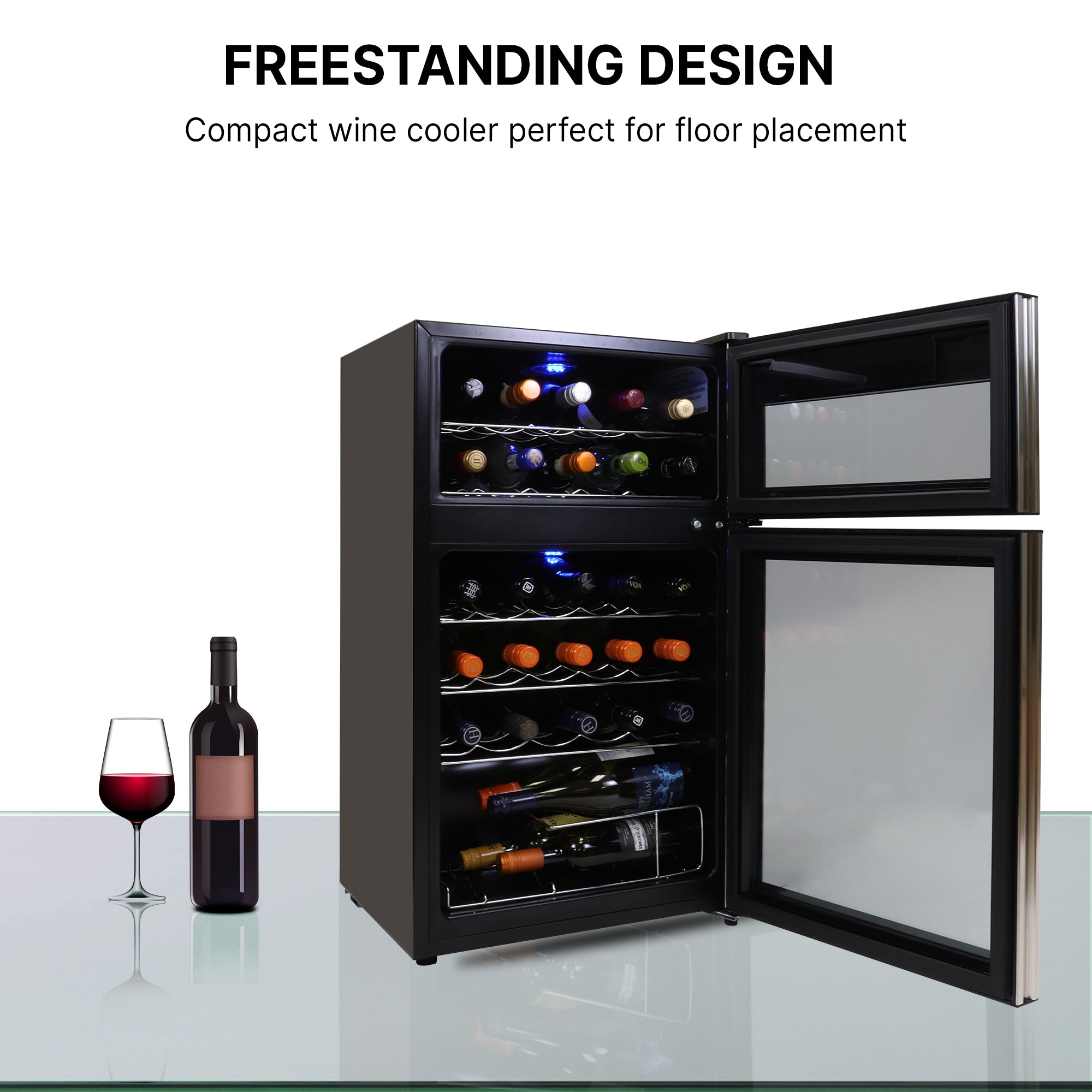 Koolatron 29 bottle dual zone wine fridge, open, with a bottle and glass of red wine to the left; Text above reads "Freestanding design: Compact wine cooler perfect for floor placement"