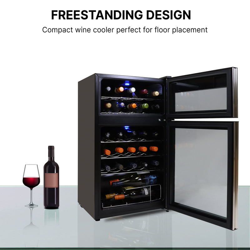 Product shot of wine cooler, open, with a bottle and glass of red wine to the left; Text above reads "Freestanding design: Compact wine cooler perfect for floor placement"