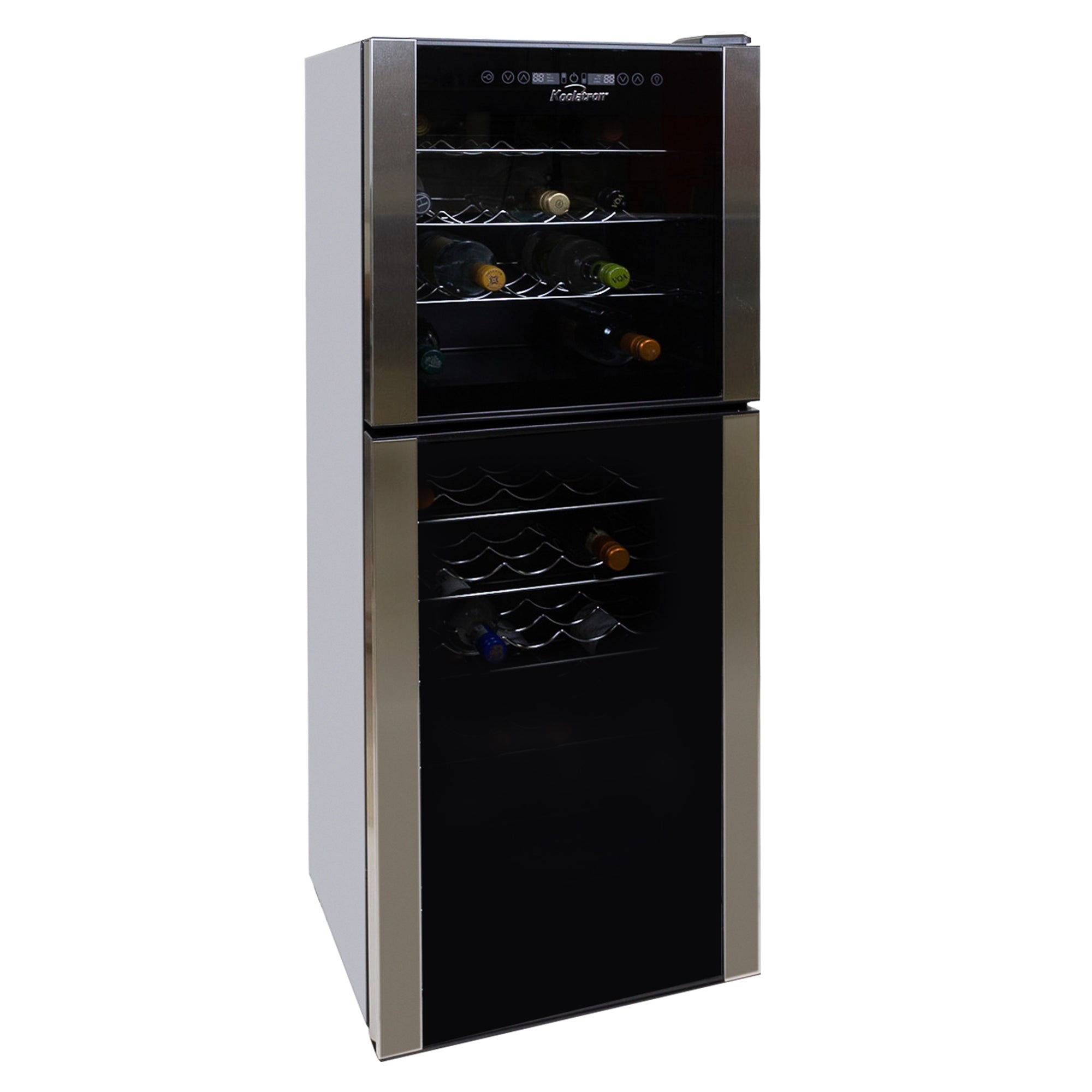 Koolatron 45 bottle freestanding compressor wine fridge, closed, on a white background